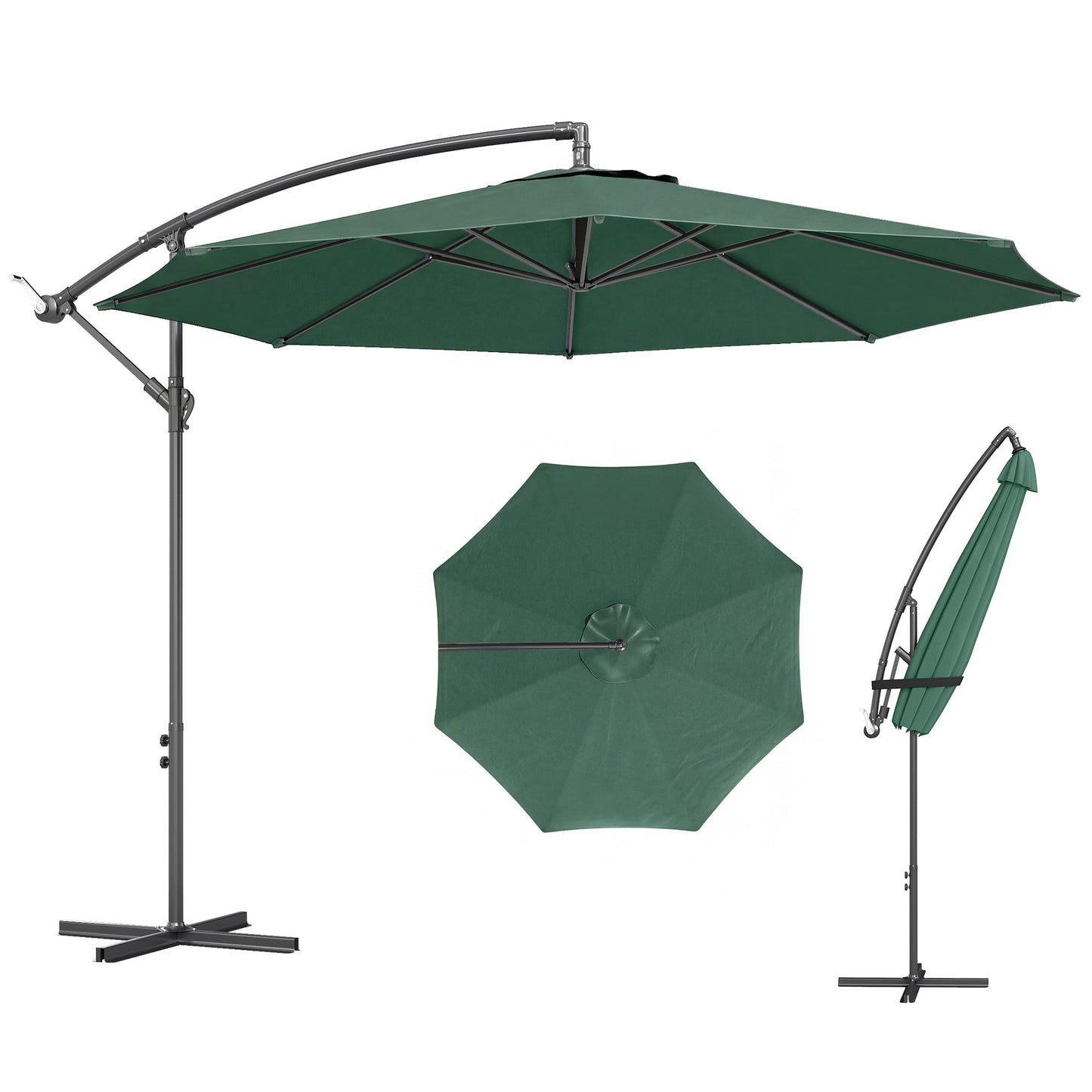 3(m) Garden Banana Parasol Hanging Cantilever Umbrella with Crank Handle, 8 Ribs and Cross Base for Outdoor, Sun Shade, Dark Green