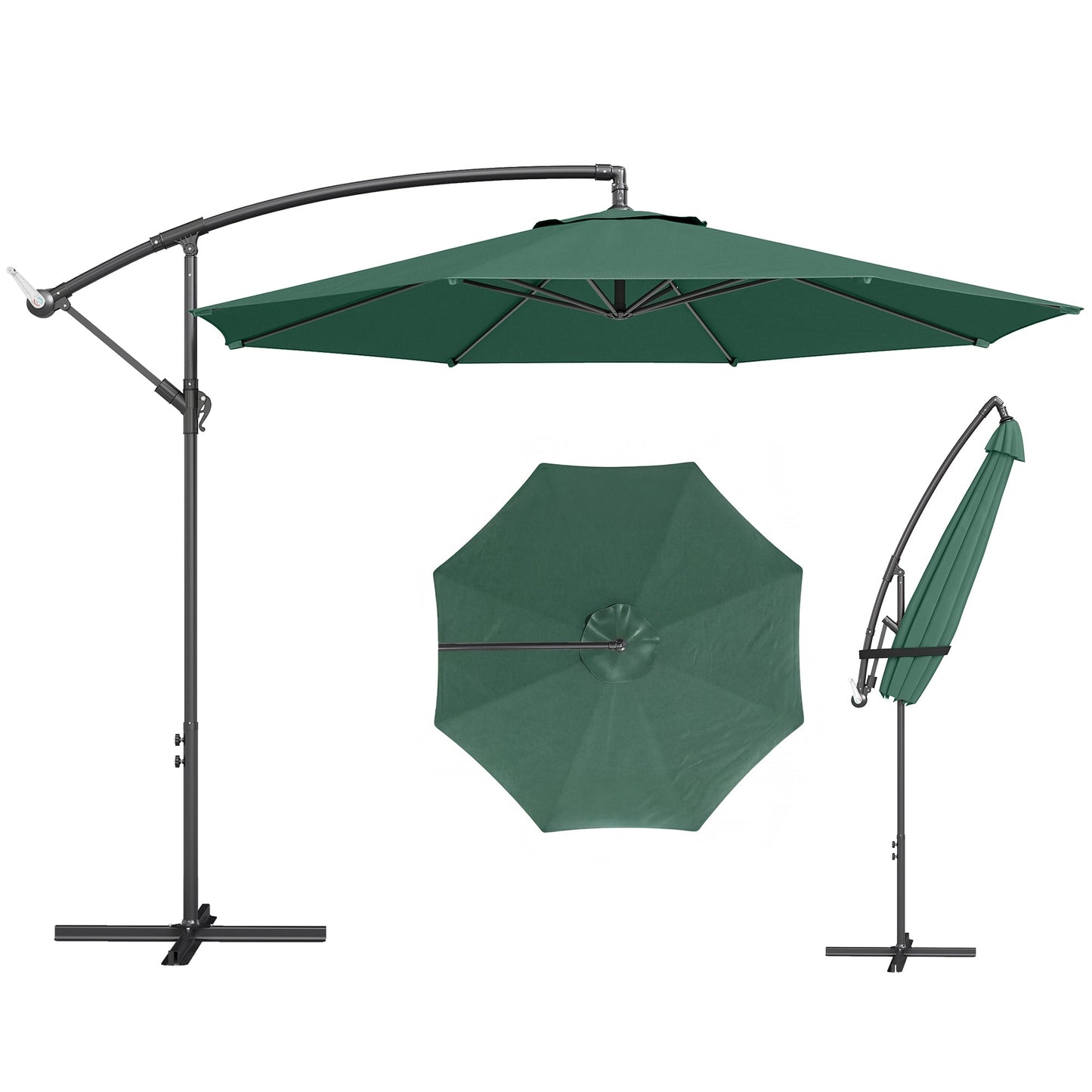 3(m) Garden Banana Parasol Hanging Cantilever Umbrella with Crank Handle, 8 Ribs and Cross Base for Outdoor, Sun Shade, Dark Green