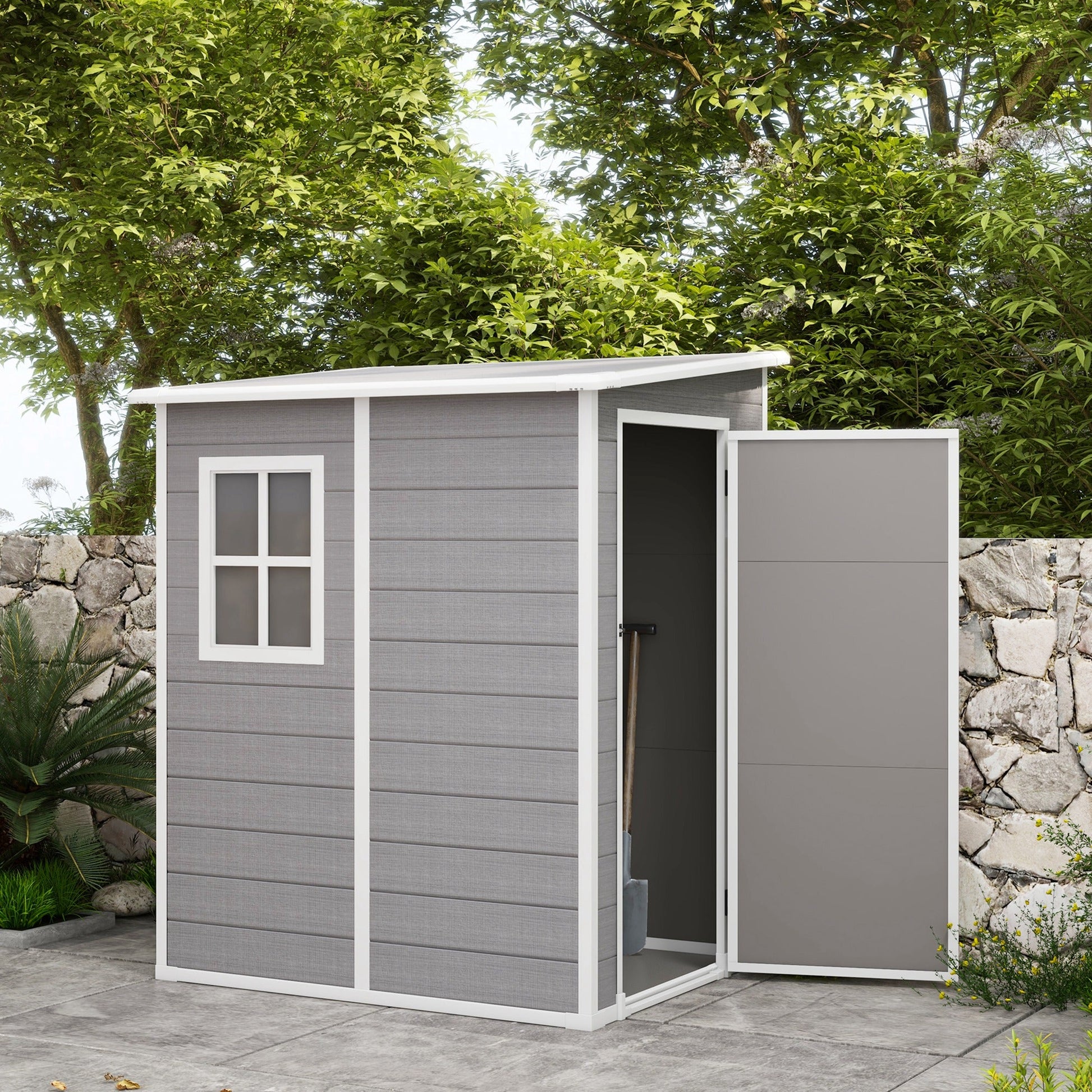 4 x 5FT Plastic Garden Shed with Floor, Lean to Shed, Lockable Tool Storage House with Window, Vent and Plastic Roof, Grey