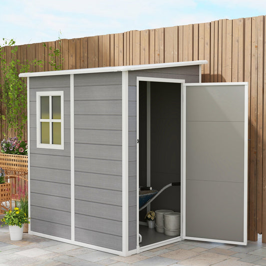 4 x 5FT Plastic Garden Shed with Floor, Lean to Shed, Lockable Tool Storage House with Window, Vent and Plastic Roof, Grey