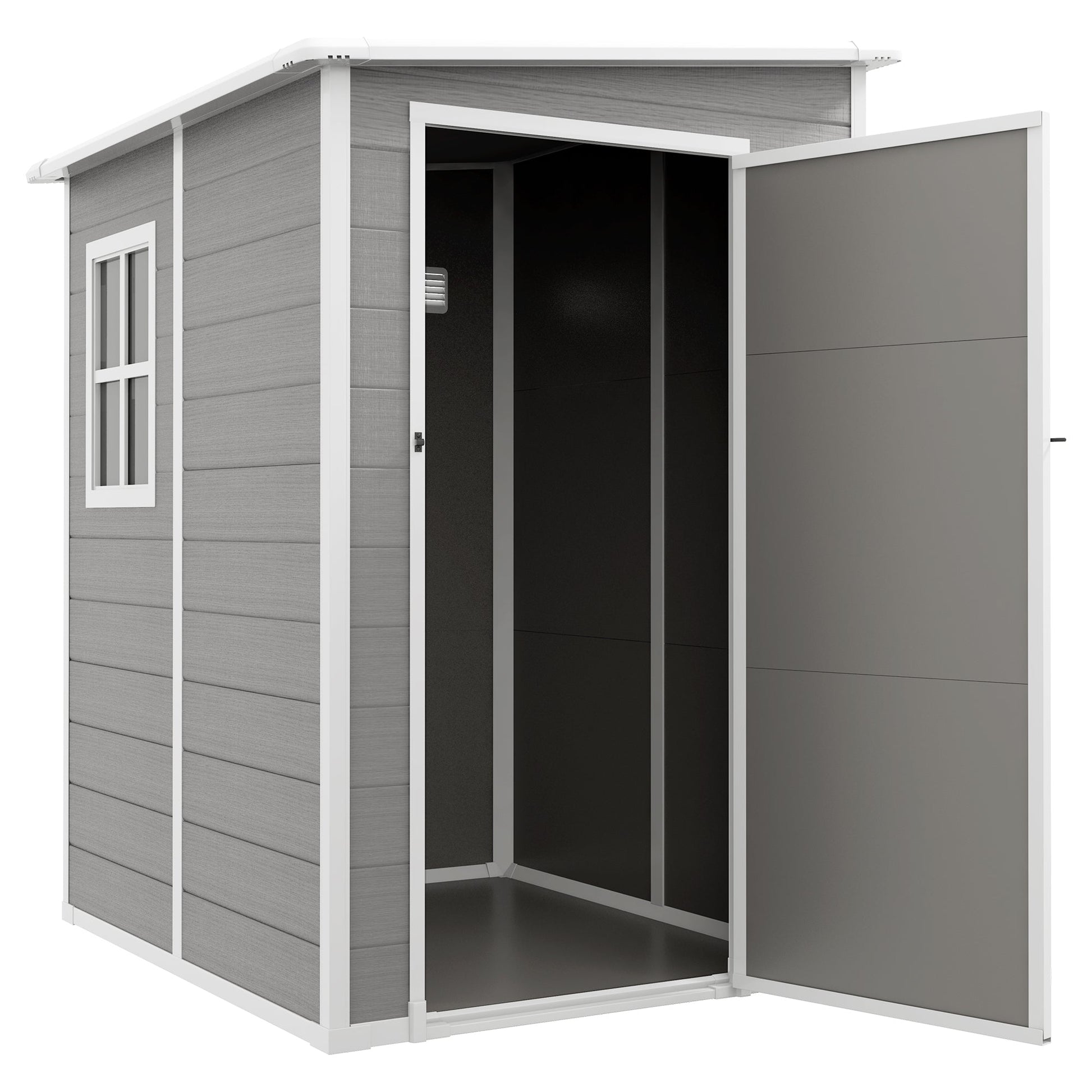 4 x 5FT Plastic Garden Shed with Floor, Lean to Shed, Lockable Tool Storage House with Window, Vent and Plastic Roof, Grey
