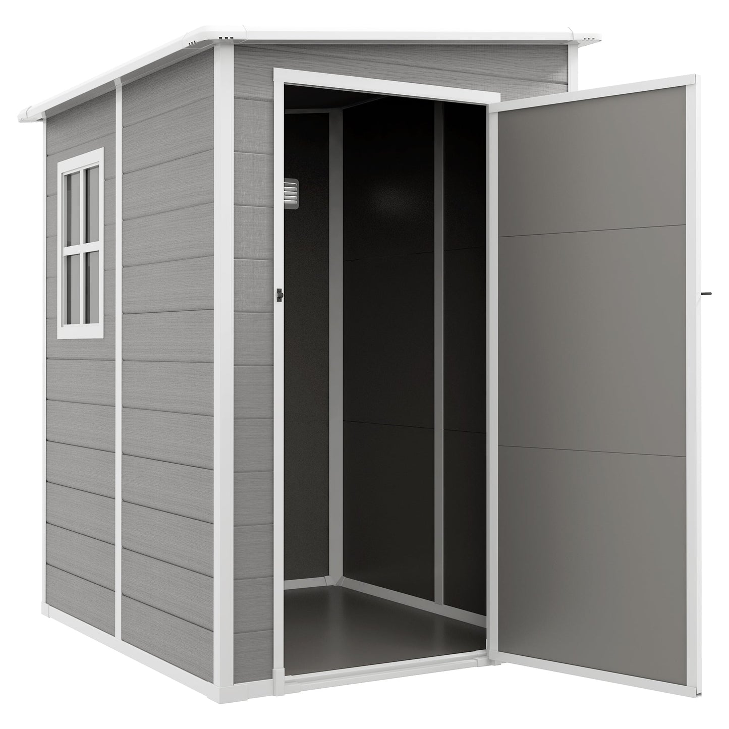 4 x 5FT Plastic Garden Shed with Floor, Lean to Shed, Lockable Tool Storage House with Window, Vent and Plastic Roof, Grey