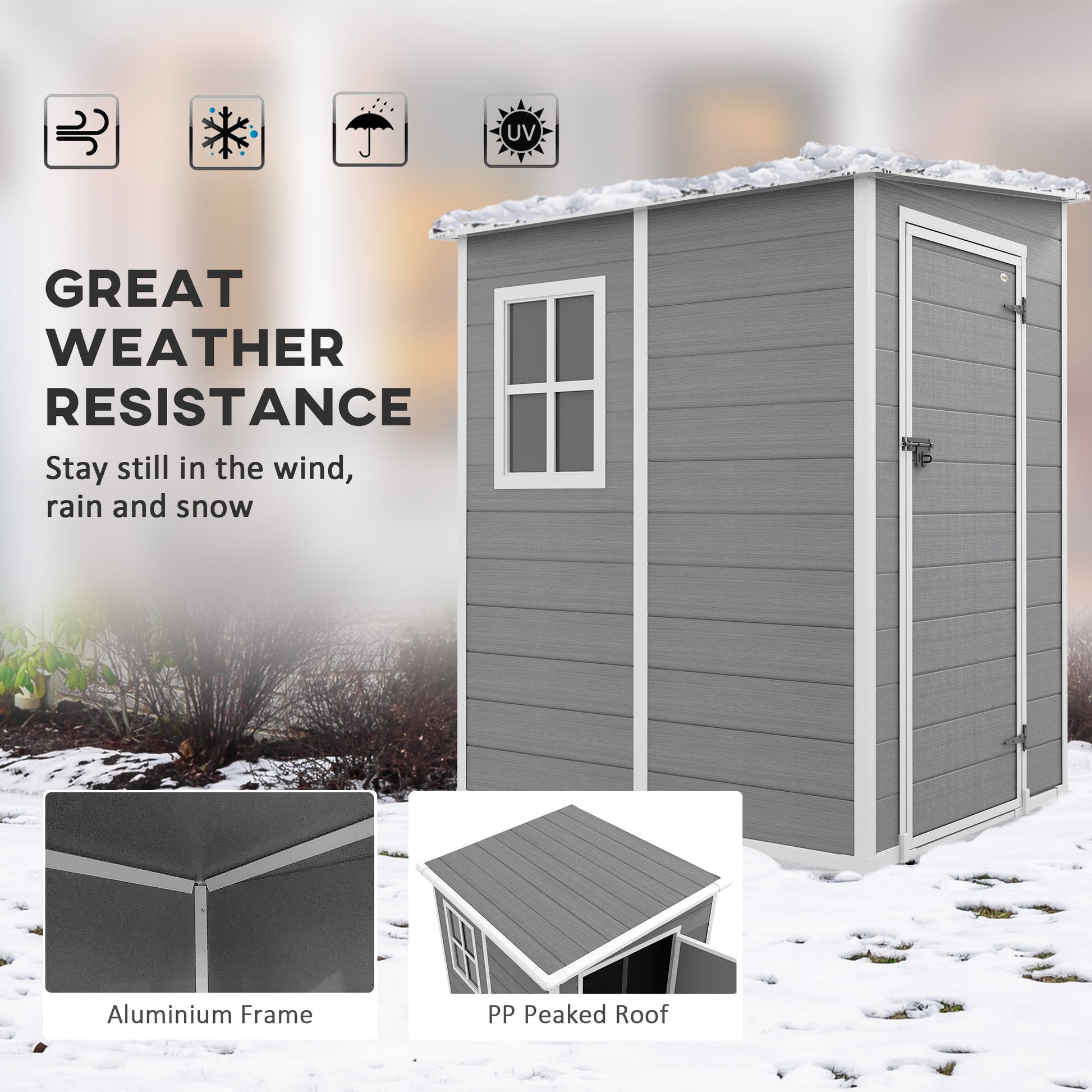 4 x 5FT Plastic Garden Shed with Floor, Lean to Shed, Lockable Tool Storage House with Window, Vent and Plastic Roof, Grey