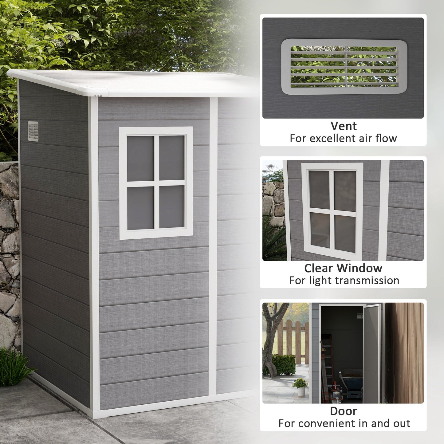 4 x 5FT Plastic Garden Shed with Floor, Lean to Shed, Lockable Tool Storage House with Window, Vent and Plastic Roof, Grey