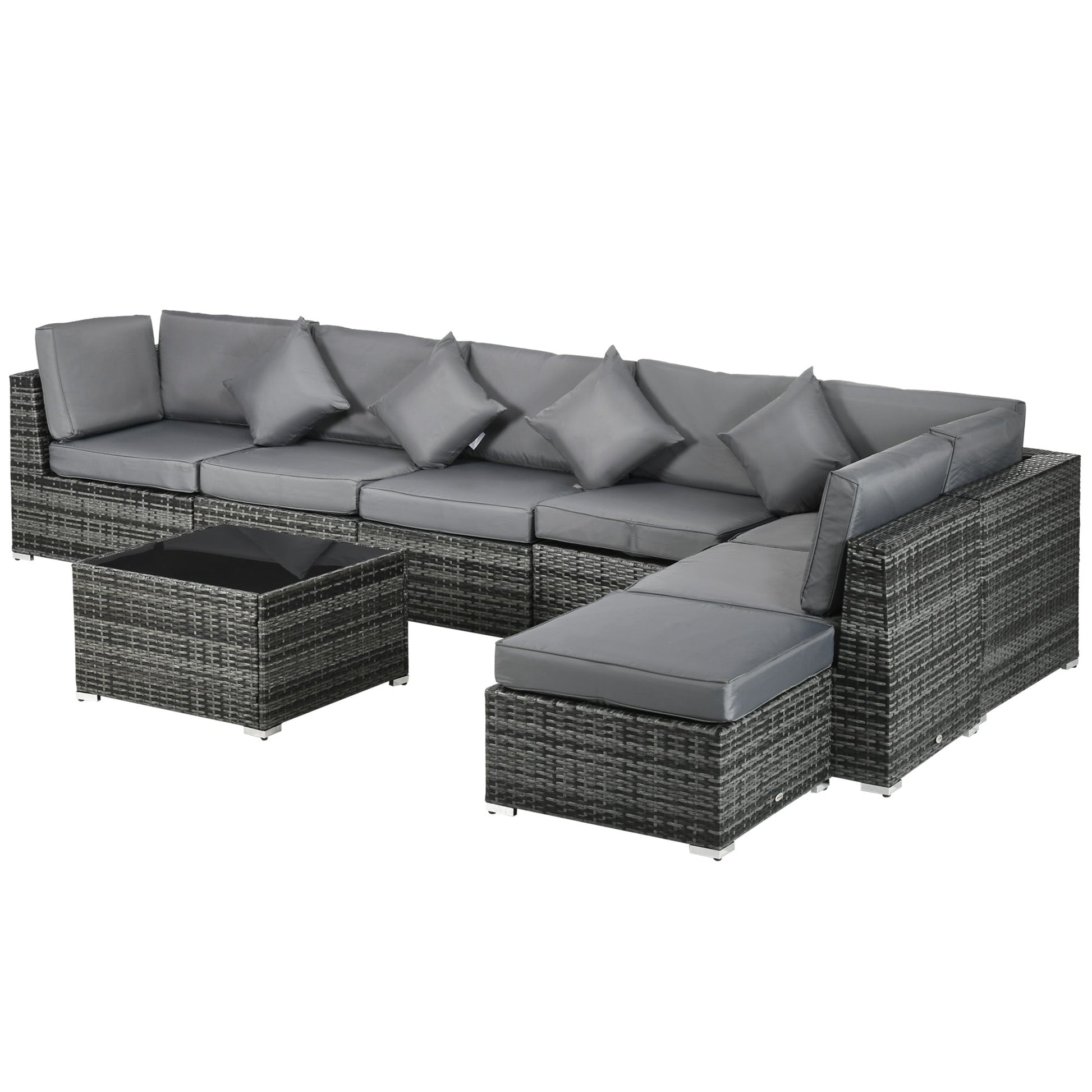 8 Pieces PE Rattan Corner Sofa Set, Outdoor Garden Furniture Set, Patio Wicker Sofa Seater w/ Cushion, Washable Cushion Cover & Tempered Glass Table, Grey