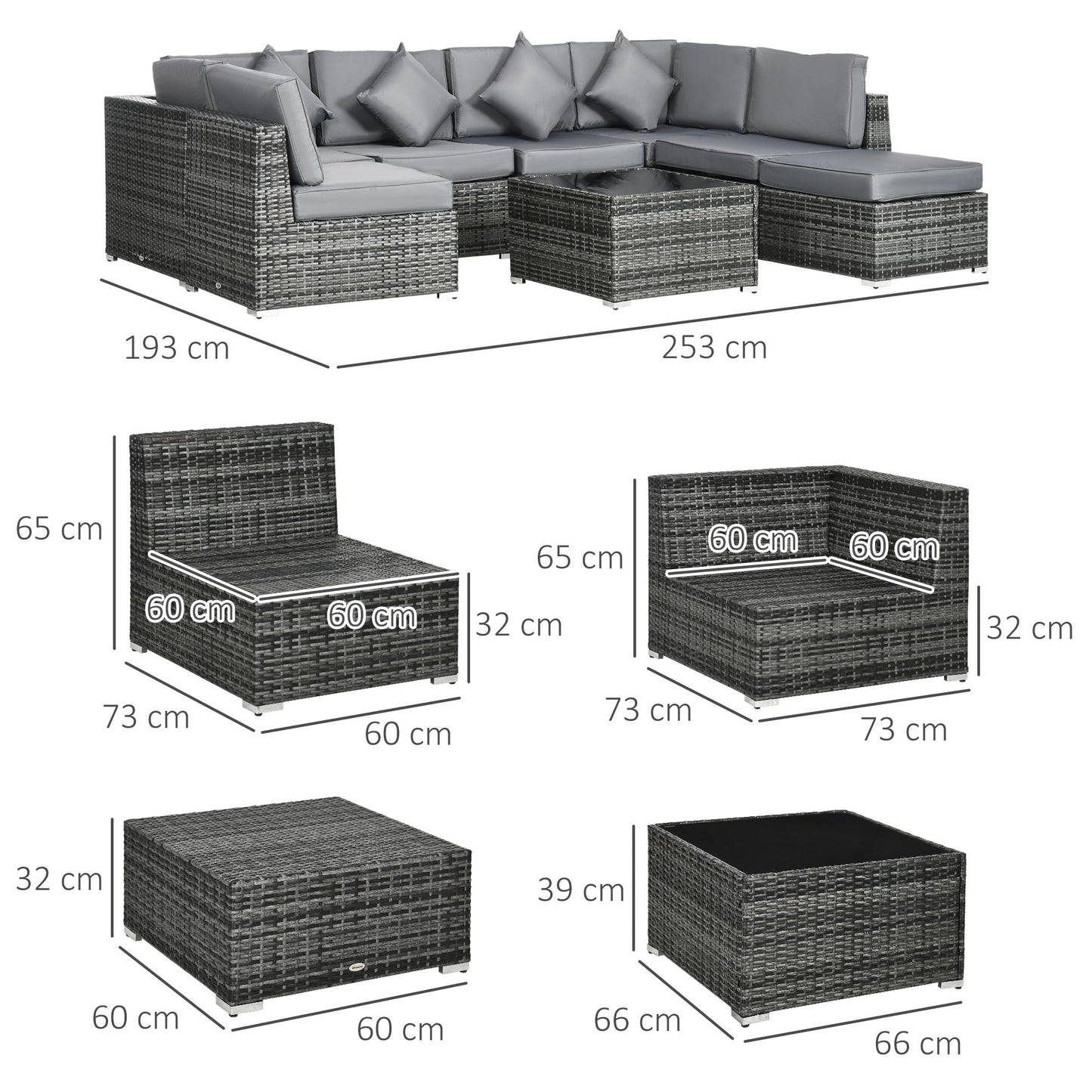 8 Pieces PE Rattan Corner Sofa Set, Outdoor Garden Furniture Set, Patio Wicker Sofa Seater w/ Cushion, Washable Cushion Cover & Tempered Glass Table, Grey