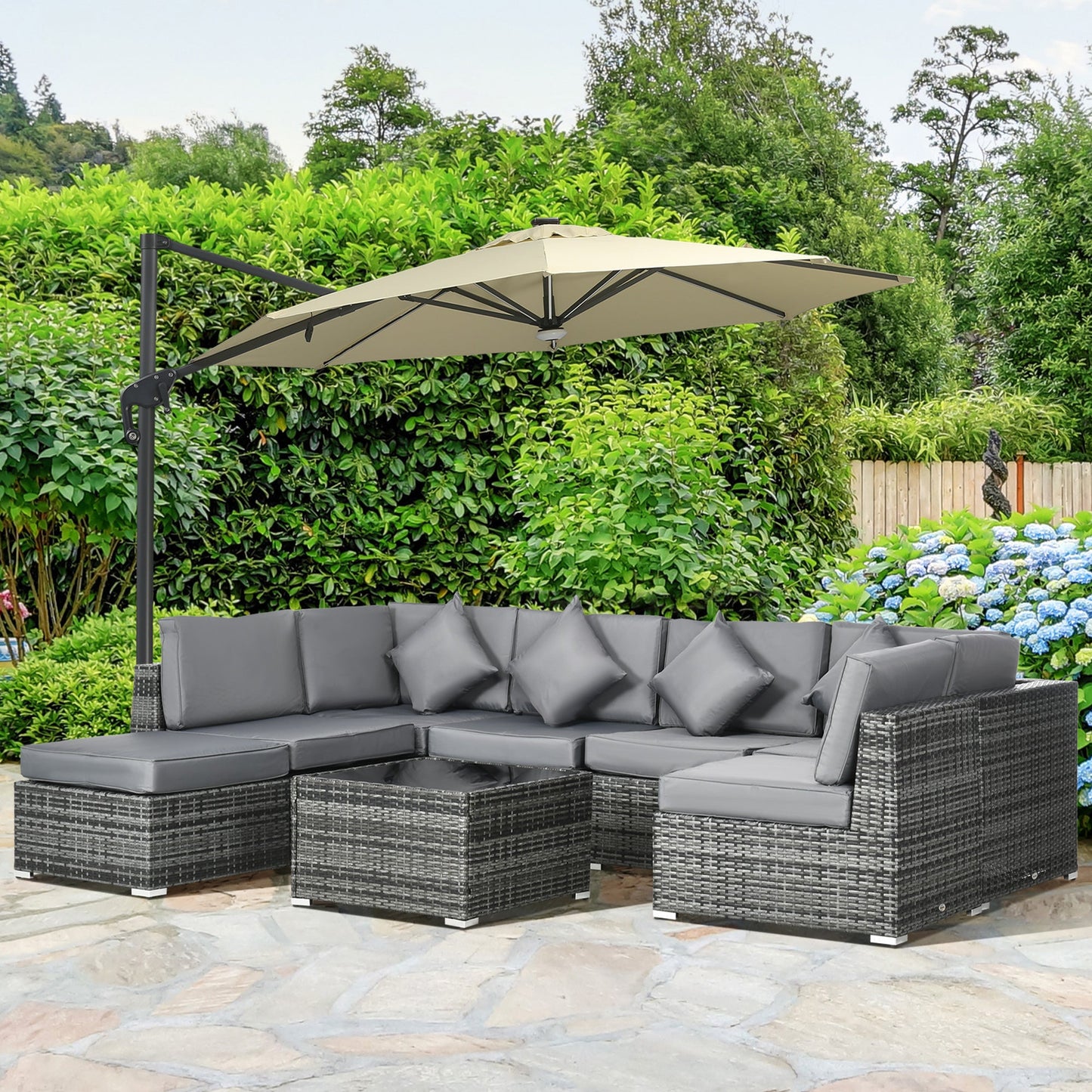 8 Pieces PE Rattan Corner Sofa Set, Outdoor Garden Furniture Set, Patio Wicker Sofa Seater w/ Cushion, Washable Cushion Cover & Tempered Glass Table, Grey