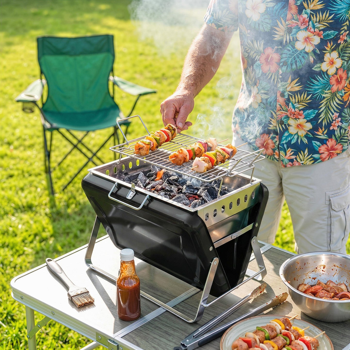 Portable BBQ Grill, Folding Charcoal Barbecue Grill with Handle and Foldable Legs for Camping Garden Outdoor Cooking, Black