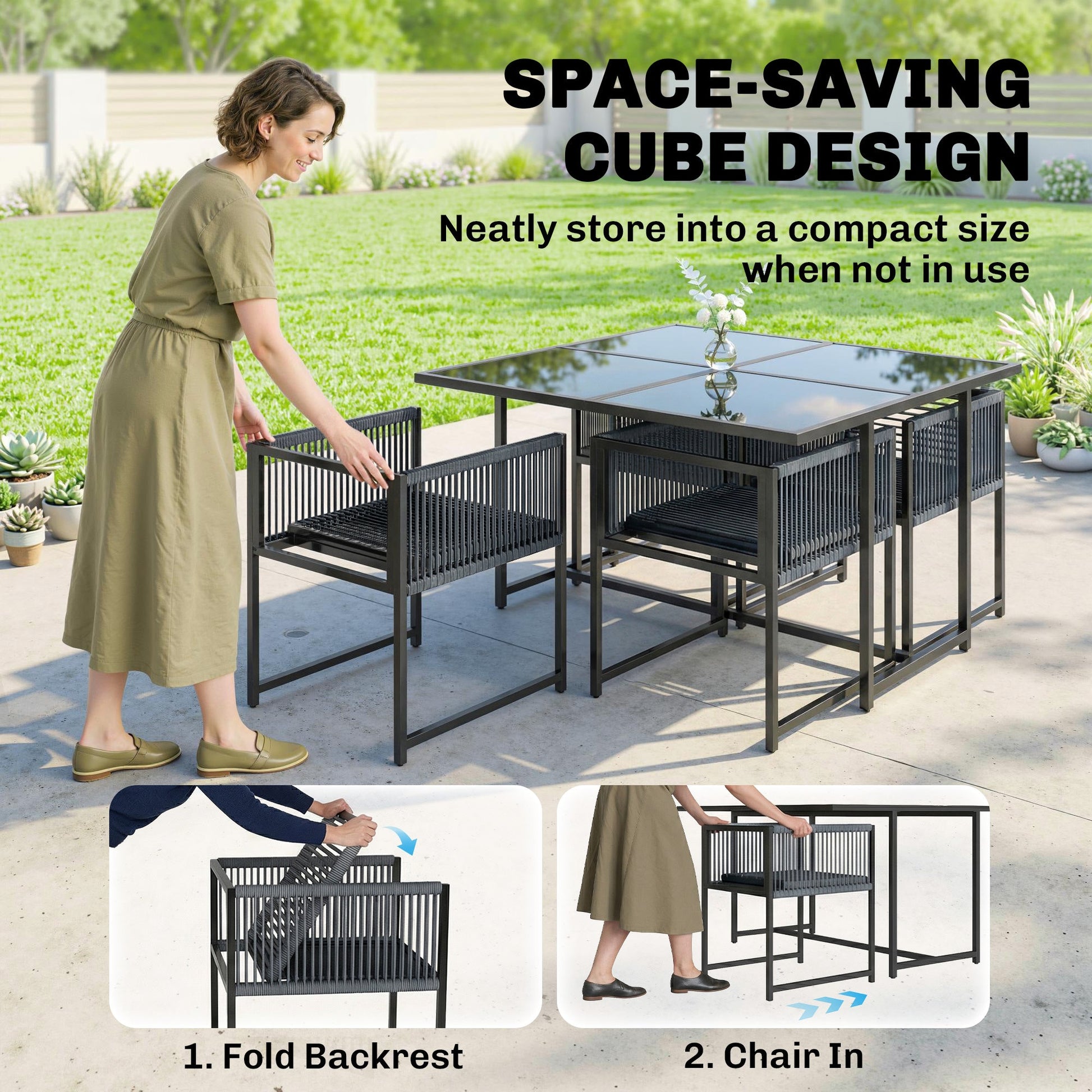 5 Pieces Garden Dining Set, Outdoor Patio Cube Set, 4 Seater Outdoor Table and Chairs with Foldable Backrest, Tempered Glass Top, Space-Saving, Dark Grey