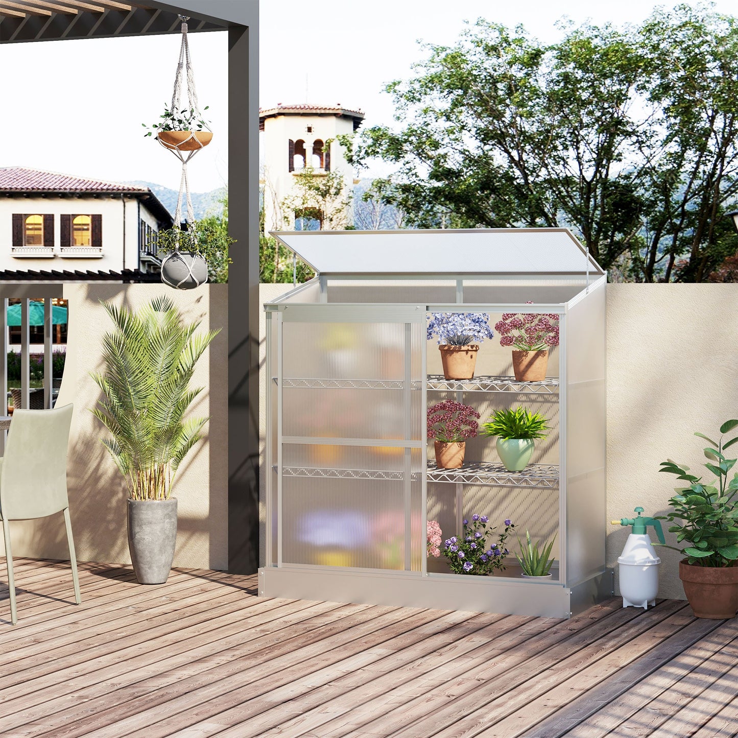 3 Tier Greenhouse Garden Outdoor Cold Frame Plant Flower Growth Transparent Polycarbonate Board Openable Roof Sliding Door w/ Foundation 131L x 58W x 140H cm