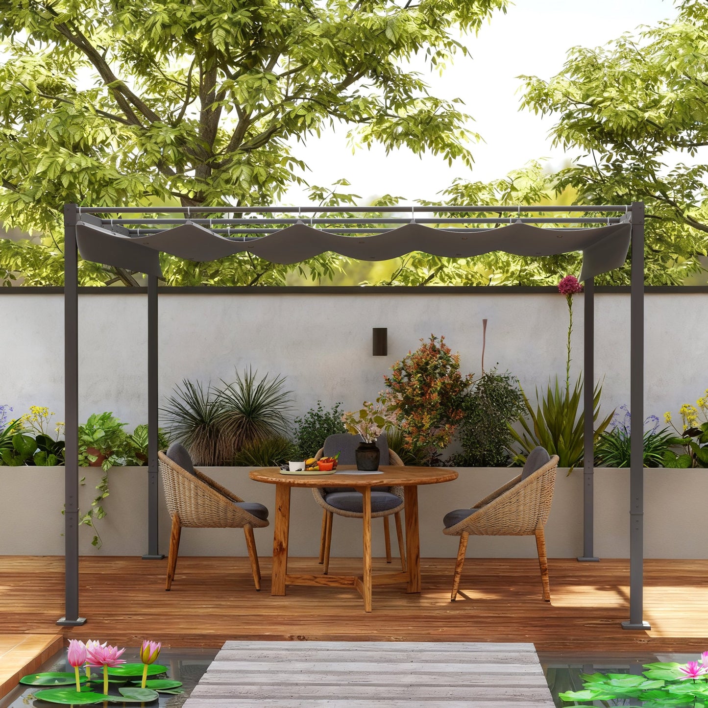 3 x 3(m) Garden Pergola with Retractable Roof and Magnetic Fixture, Outdoor Gazebo Pergola Kit Sun Shade Canopy, UPF30+, Grey