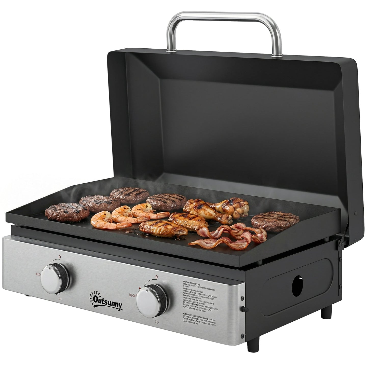 2 Burner Grill Griddle, Portable Gas Plancha, 6 kW, Tabletop Gas BBQ with Grease Cup for Camping Picnic Patios, Black