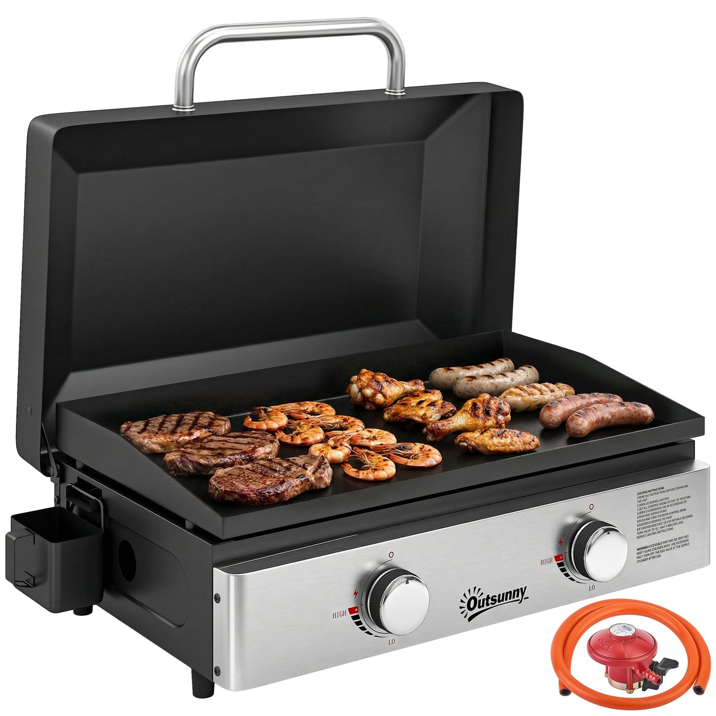 2 Burner Grill Griddle, Portable Gas Plancha, 6 kW, Tabletop Gas BBQ with Grease Cup for Camping Picnic Patios, Black