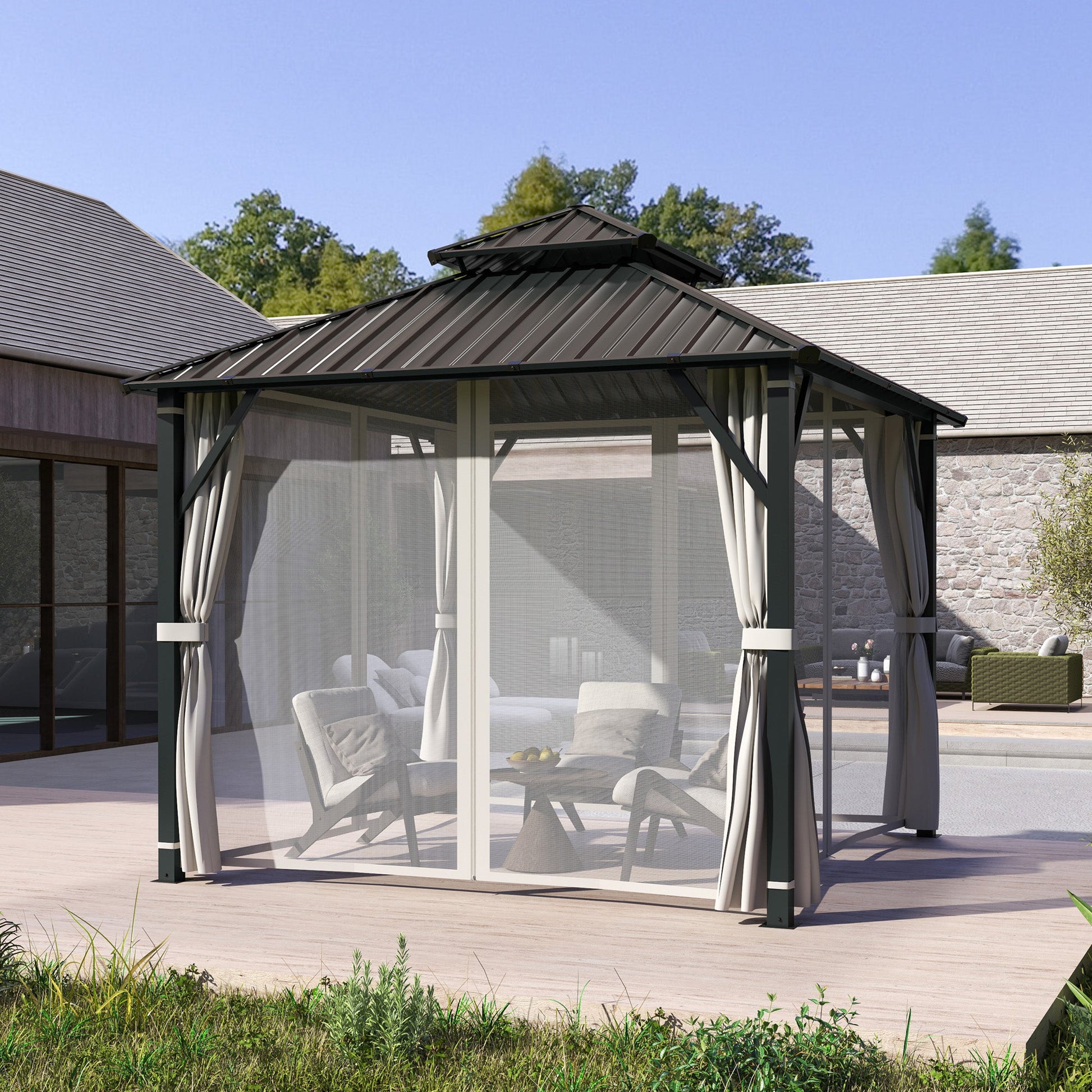 3 x 3(m) Hardtop Gazebo Canopy with Double Metal Roof, Waterproof Permanent Pavilion Garden Gazebo with Netting and Curtains, Easy to Assemble