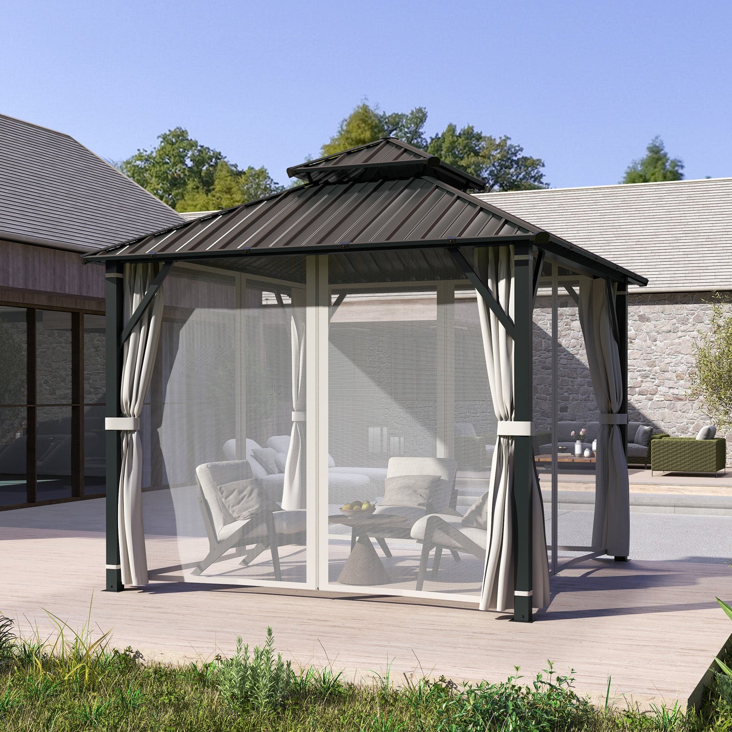 3 x 3(m) Hardtop Gazebo Canopy with Double Metal Roof, Waterproof Permanent Pavilion Garden Gazebo with Netting and Curtains, Easy to Assemble