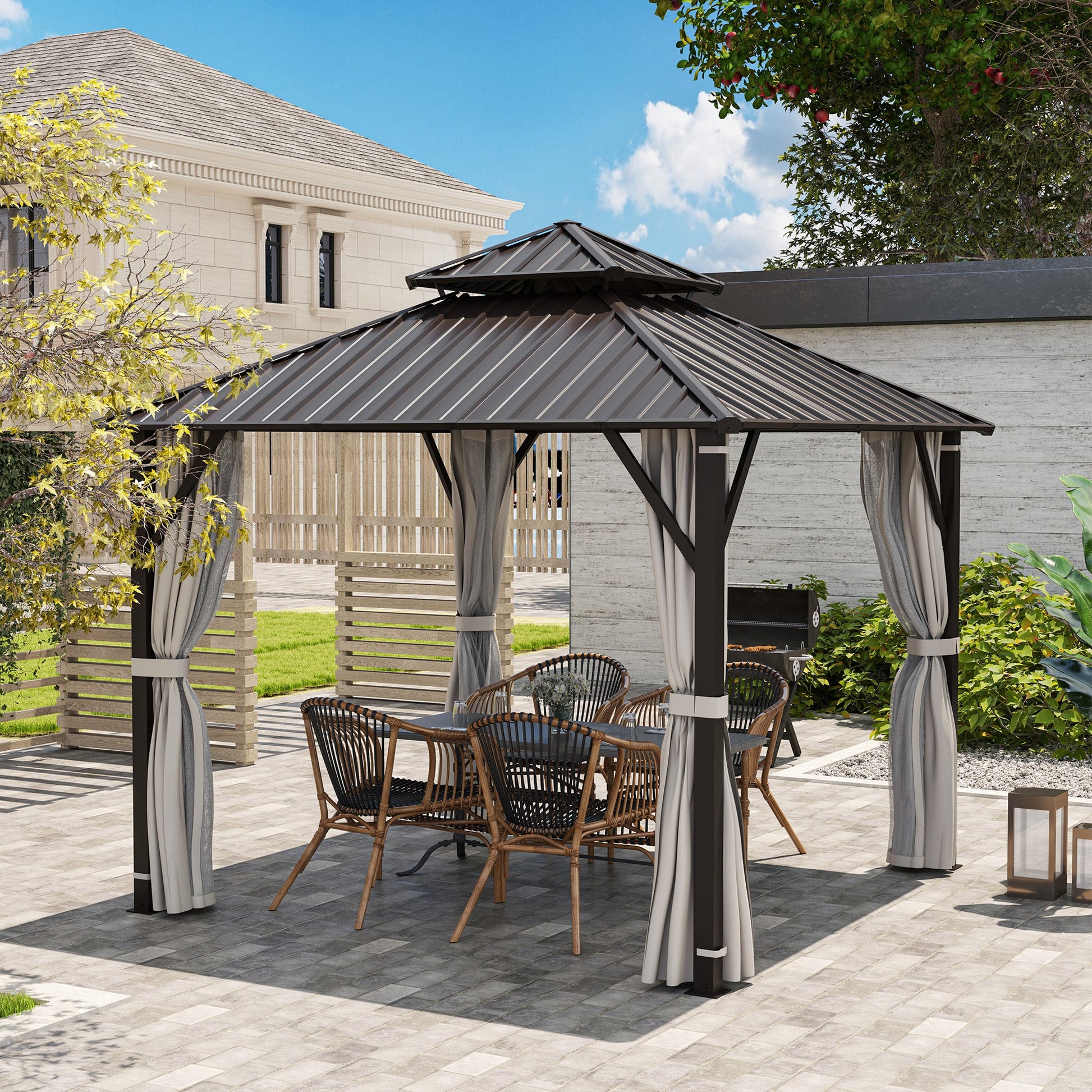 3 x 3(m) Hardtop Gazebo Canopy with Double Metal Roof, Waterproof Permanent Pavilion Garden Gazebo with Netting and Curtains, Easy to Assemble