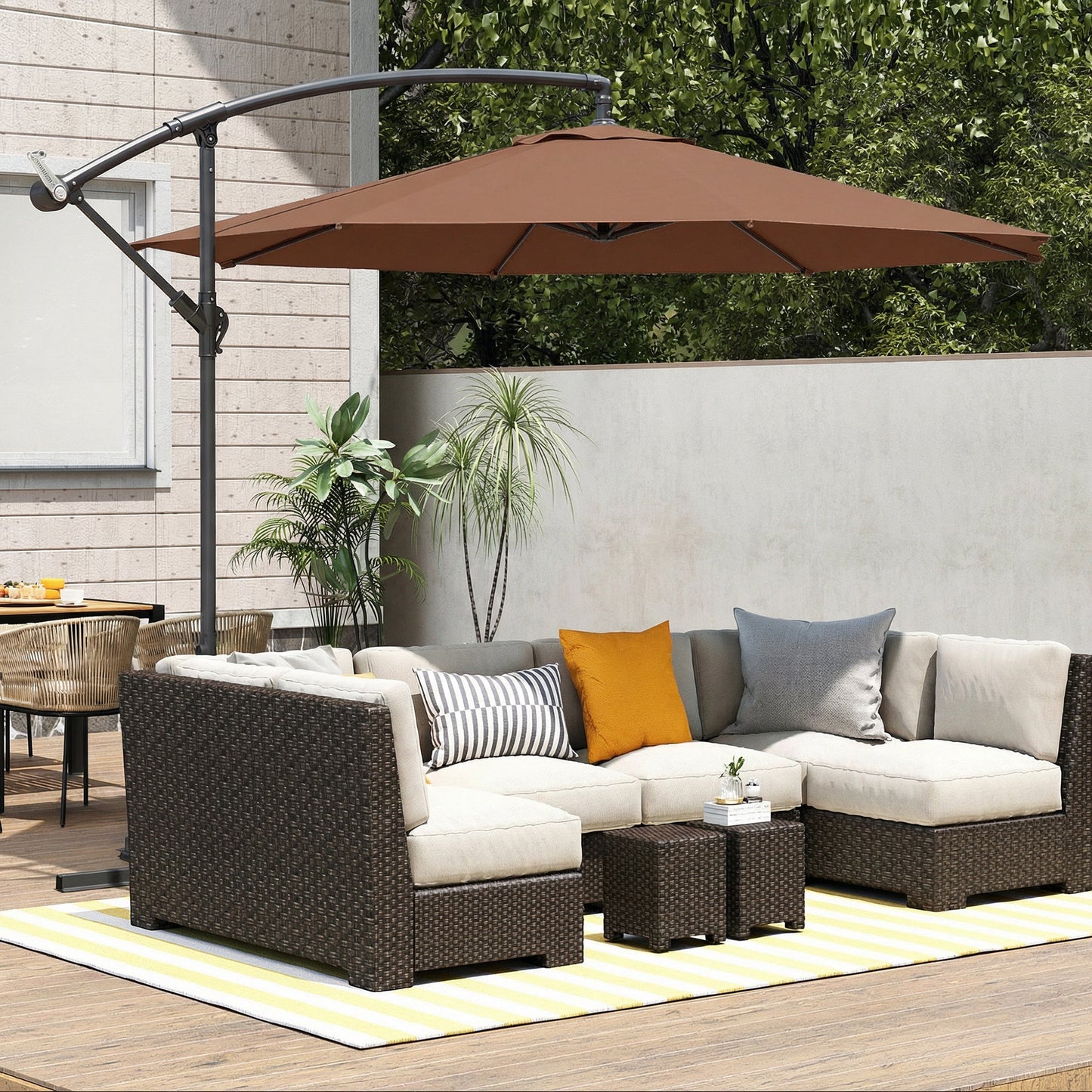 3(m) Garden Banana Parasol Hanging Cantilever Umbrella with Crank Handle, 8 Ribs and Cross Base for Outdoor, Sun Shade, Coffee