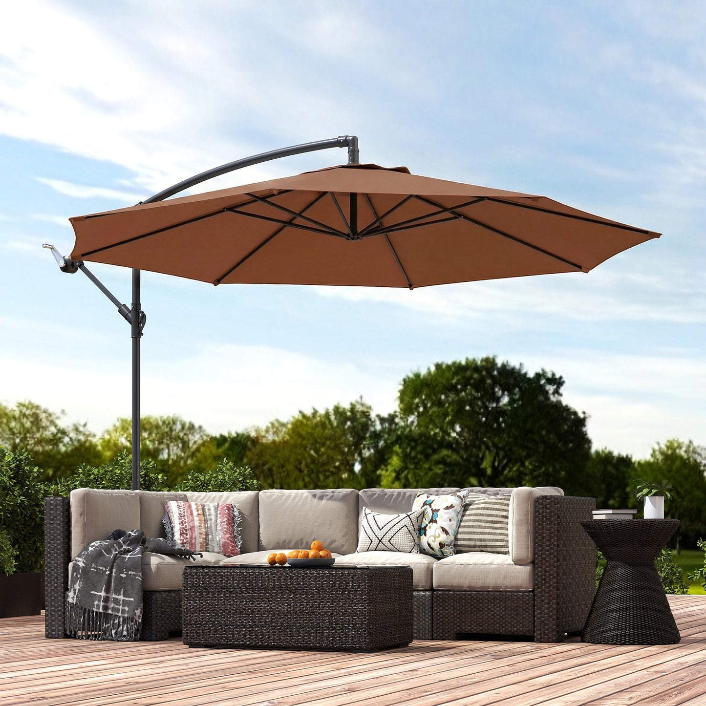 3(m) Garden Banana Parasol Hanging Cantilever Umbrella with Crank Handle, 8 Ribs and Cross Base for Outdoor, Sun Shade, Coffee