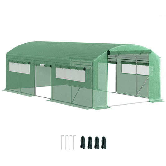 6 x 3 x 2m Polytunnel Greenhouse with 3 Roll-up Doors and Mesh Windows, Walk-in Garden Tunnel Warm House Tent with UV-resistant PE Cover and Galvanised Steel Frame, Green