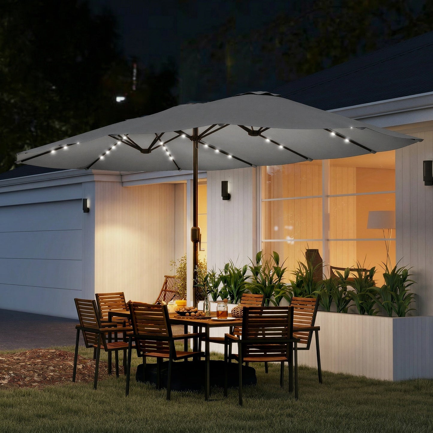 4.5m Garden Parasol Double Sided Umbrella with Base and Sandbags, 60 Solar Powered LED Lights, Patio Umbrella with Crank Handle, Ribs, Water Repellent, Grey