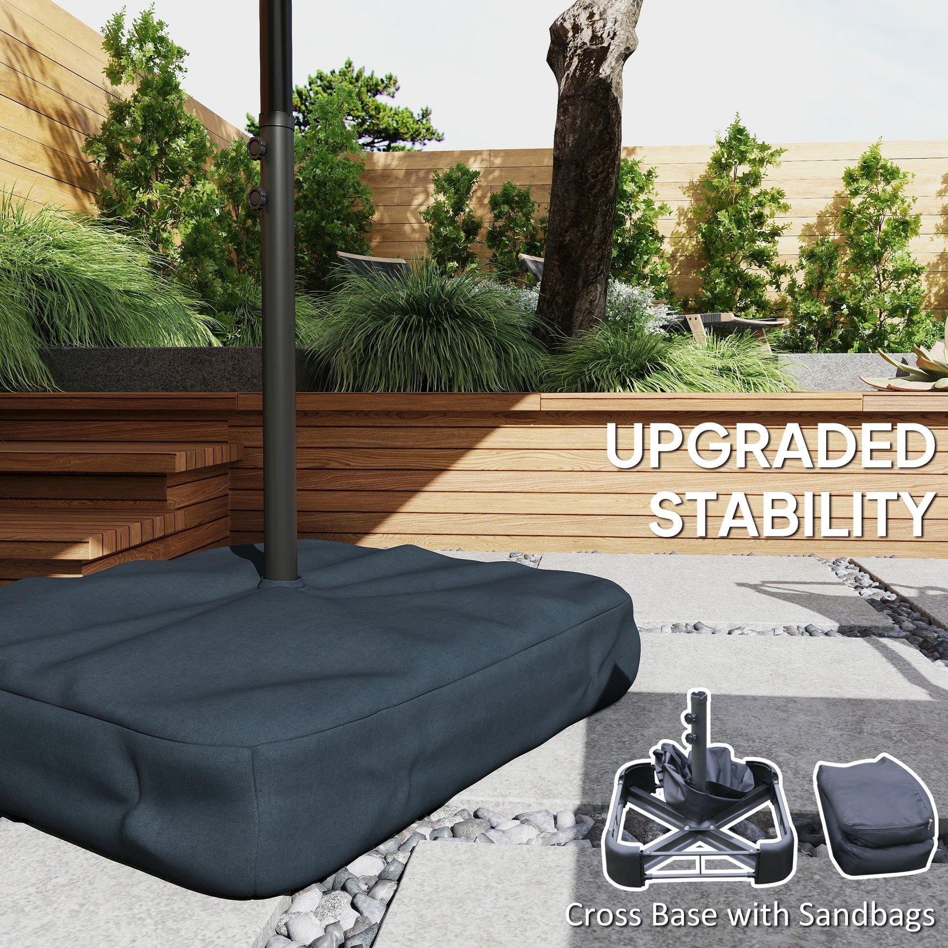 4.5m Garden Parasol Double Sided Umbrella with Base and Sandbags, 60 Solar Powered LED Lights, Patio Umbrella with Crank Handle, Ribs, Water Repellent, Grey