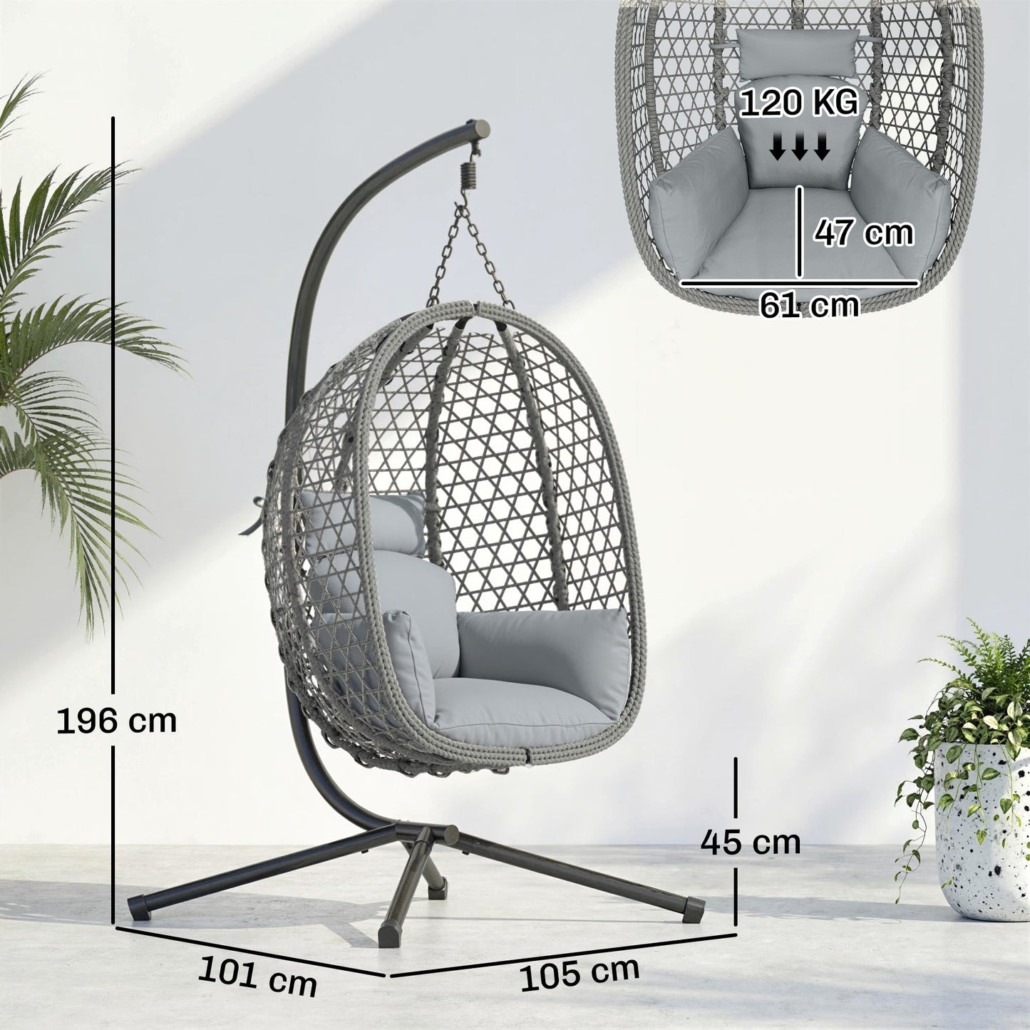 Hanging Egg Chair, Indoor Outdoor Rattan Hammock Swing Chair with Stand, Safety Strap, Foldable Basket, Thick Cushion, Headrest, Metal Frame for Garden Balcony Patio Lounge Porch, Dark Grey