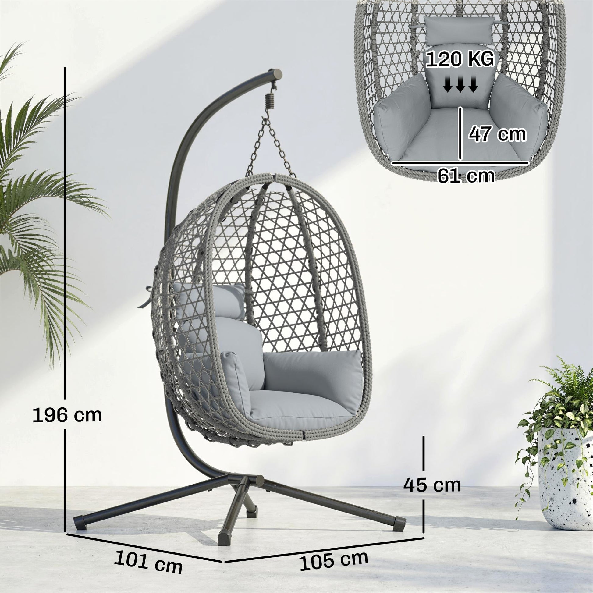 Hanging Egg Chair, Indoor Outdoor Rattan Hammock Swing Chair with Stand, Safety Strap, Foldable Basket, Thick Cushion, Headrest, Metal Frame for Garden Balcony Patio Lounge Porch, Dark Grey