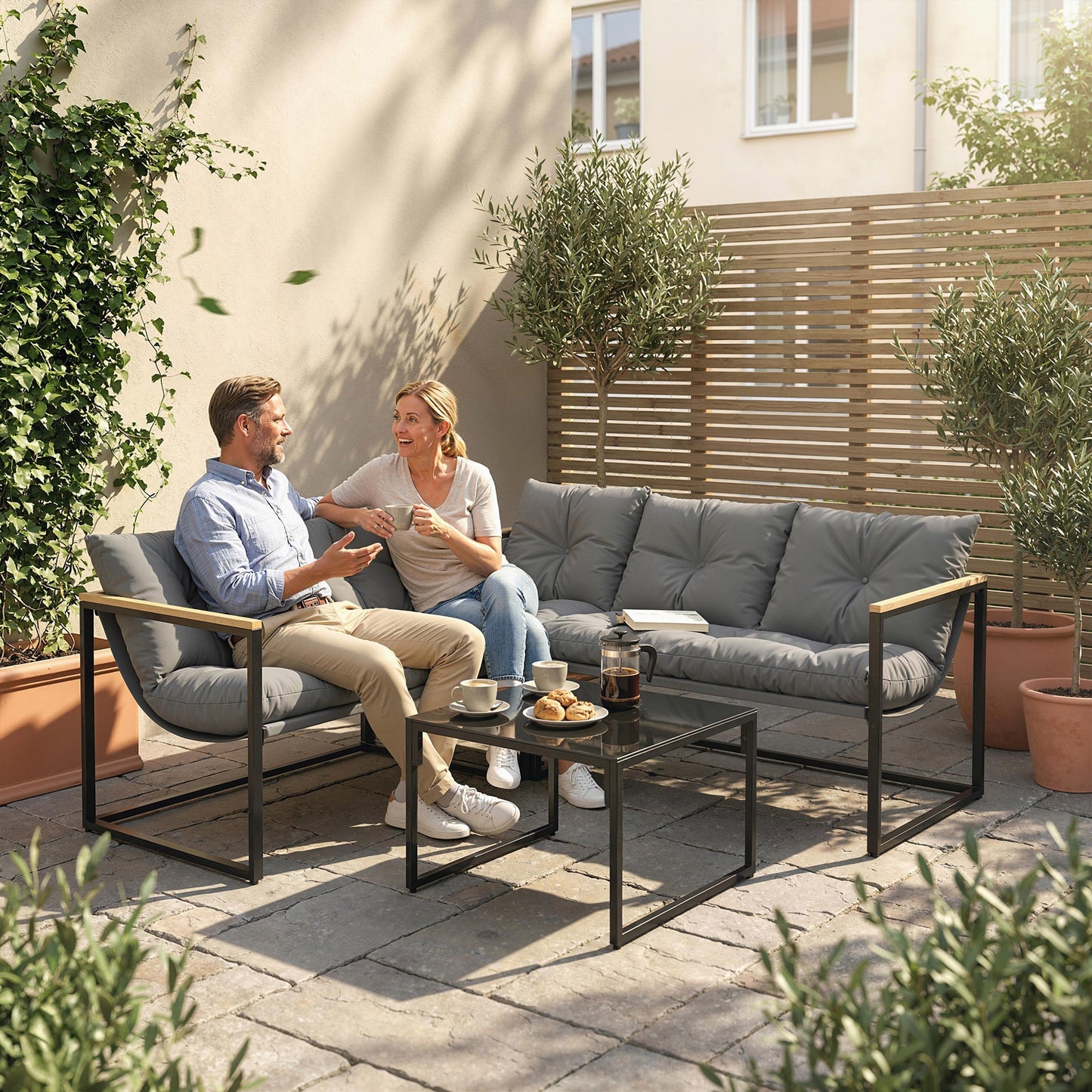 4 Piece Garden Furniture Set, Garden Table and Chairs with Thick Cushions, Patio Conversation Set with Coffee Table for Porch, Balcony, Deck, Grey