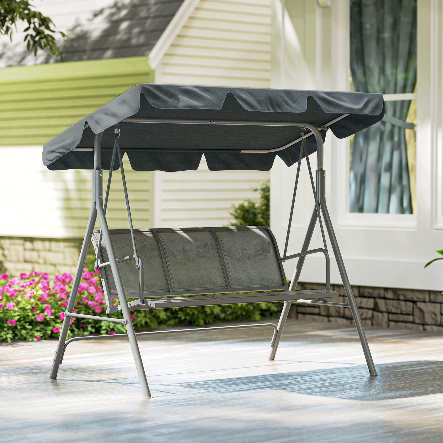 3 Seater Swing Chair, Garden Swing Bench with Adjustable Tilting Canopy, Breathable Mesh Seat and Heavy Duty Metal Frame for Patio, Garden, Dark Grey