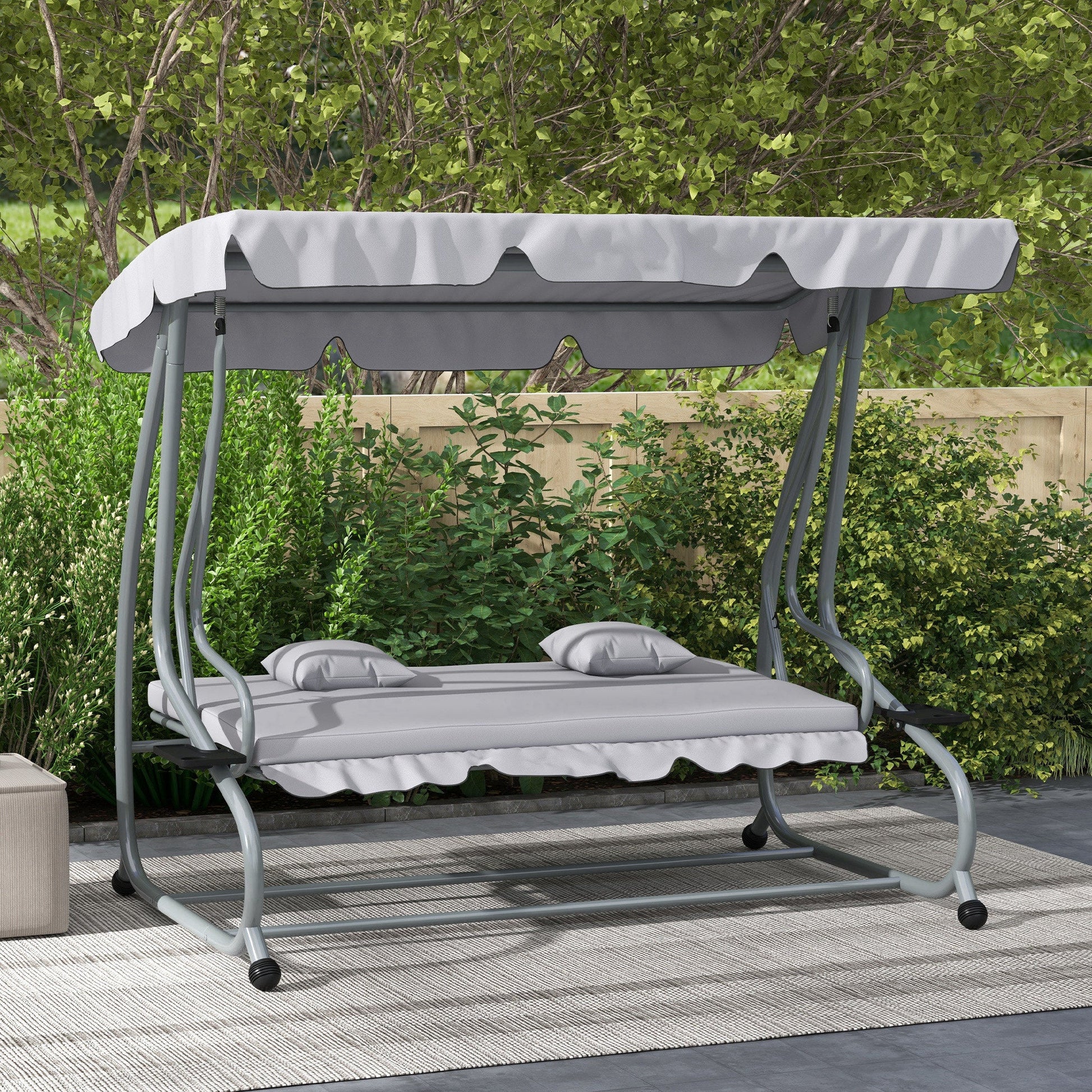 2-in-1 Garden Swing Seat Bed, 3 Seater Convertible Swing Chair Bench with Tilting Canopy, Cushioned Seat and 2 Pillows for Patio, Garden, Light Grey
