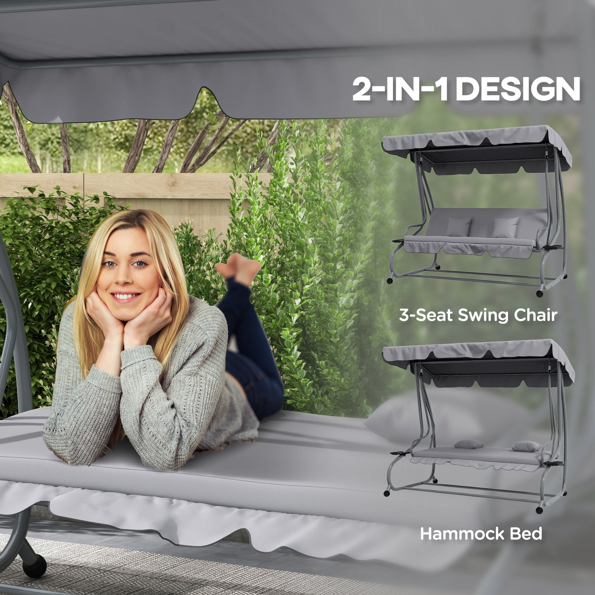 2-in-1 Garden Swing Seat Bed, 3 Seater Convertible Swing Chair Bench with Tilting Canopy, Cushioned Seat and 2 Pillows for Patio, Garden, Light Grey