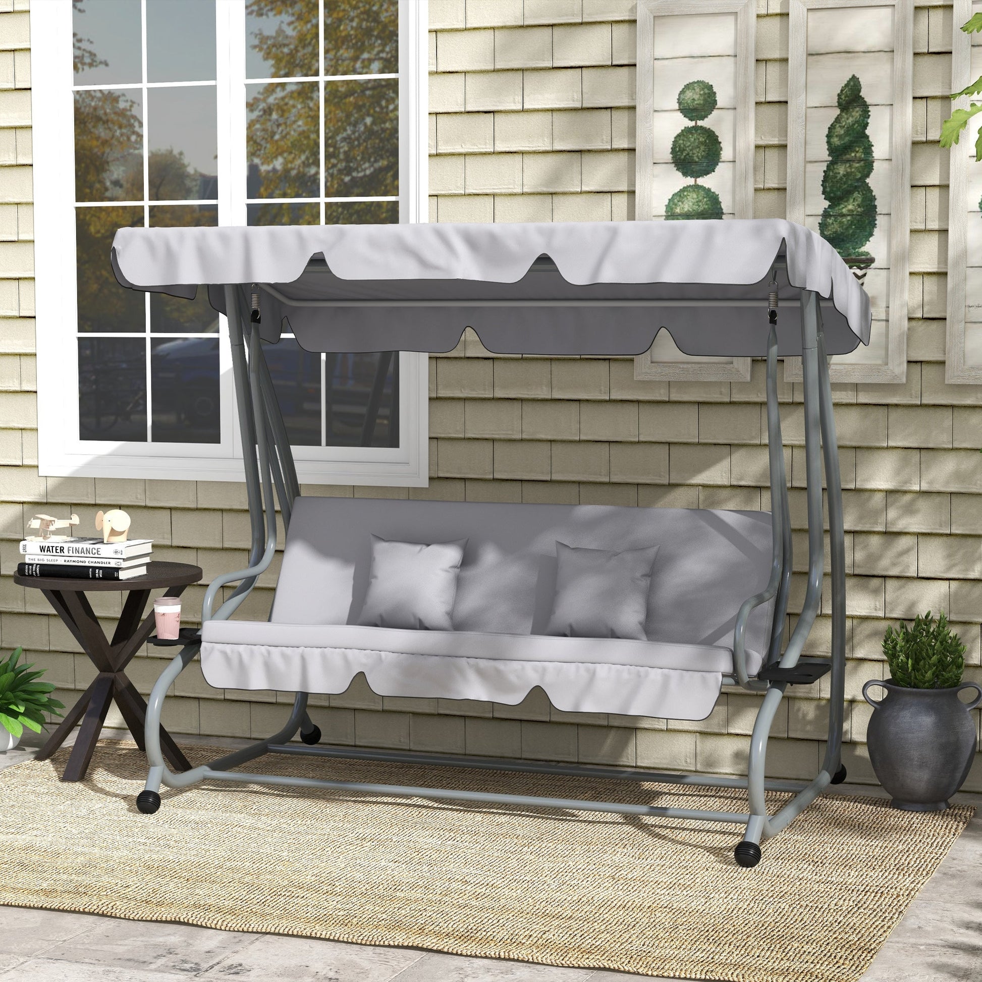 2-in-1 Garden Swing Seat Bed, 3 Seater Convertible Swing Chair Bench with Tilting Canopy, Cushioned Seat and 2 Pillows for Patio, Garden, Light Grey