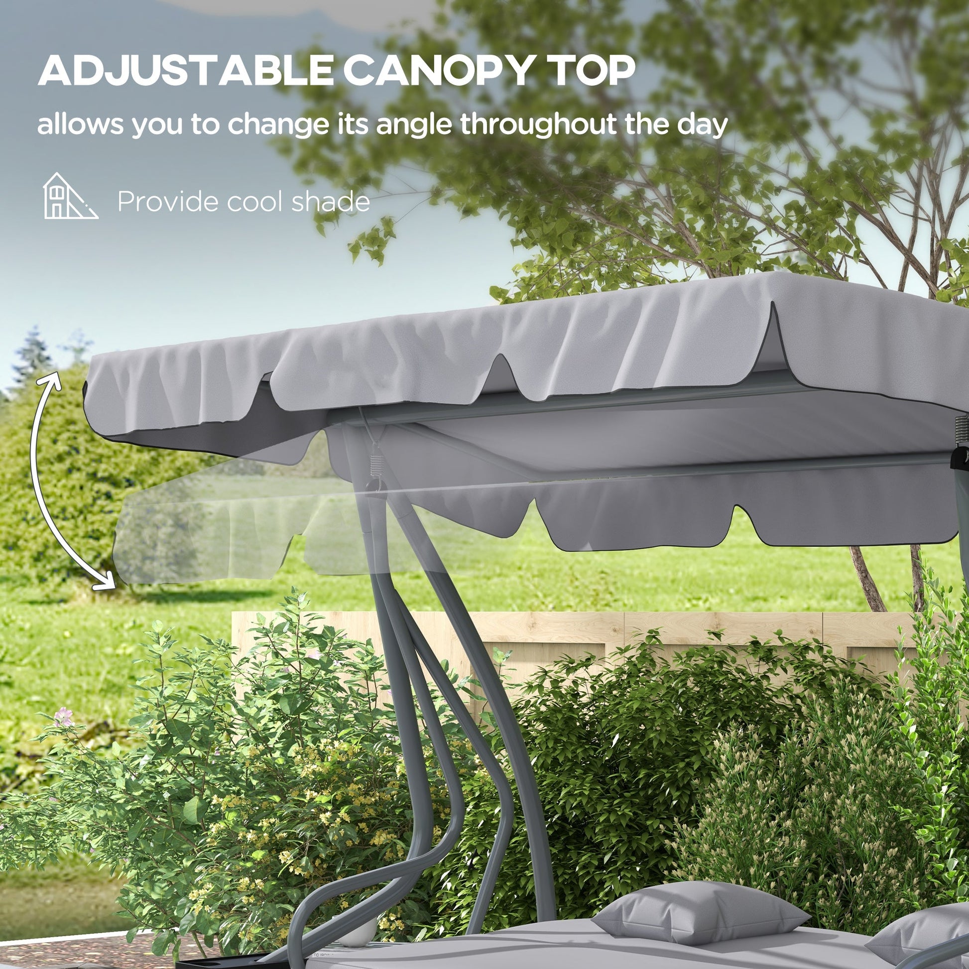 2-in-1 Garden Swing Seat Bed, 3 Seater Convertible Swing Chair Bench with Tilting Canopy, Cushioned Seat and 2 Pillows for Patio, Garden, Light Grey