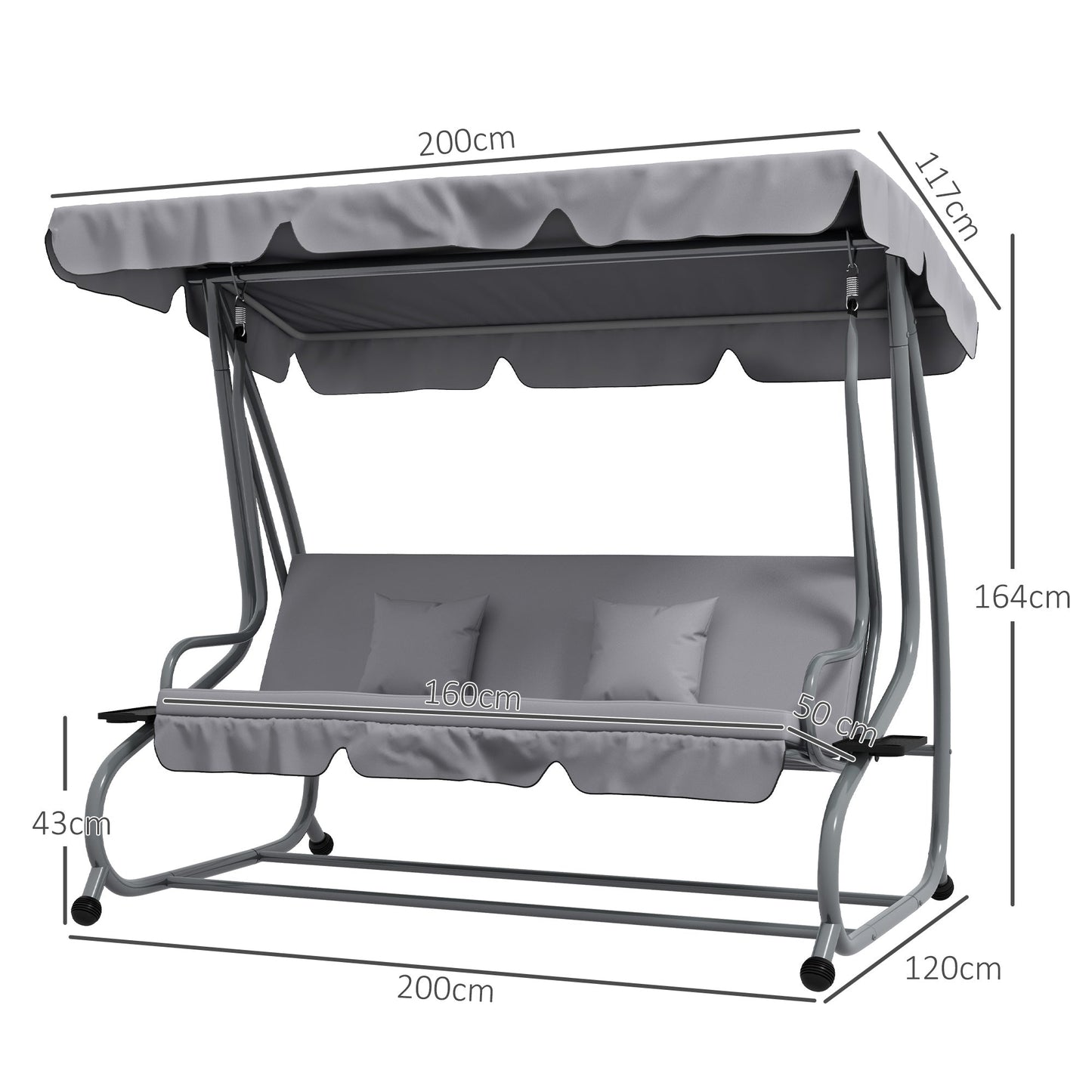 2-in-1 Garden Swing Seat Bed, 3 Seater Convertible Swing Chair Bench with Tilting Canopy, Cushioned Seat and 2 Pillows for Patio, Garden, Light Grey