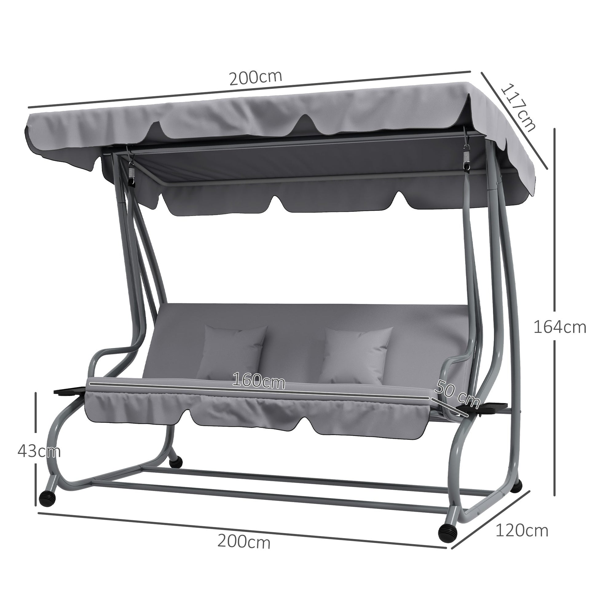 2-in-1 Garden Swing Seat Bed, 3 Seater Convertible Swing Chair Bench with Tilting Canopy, Cushioned Seat and 2 Pillows for Patio, Garden, Light Grey