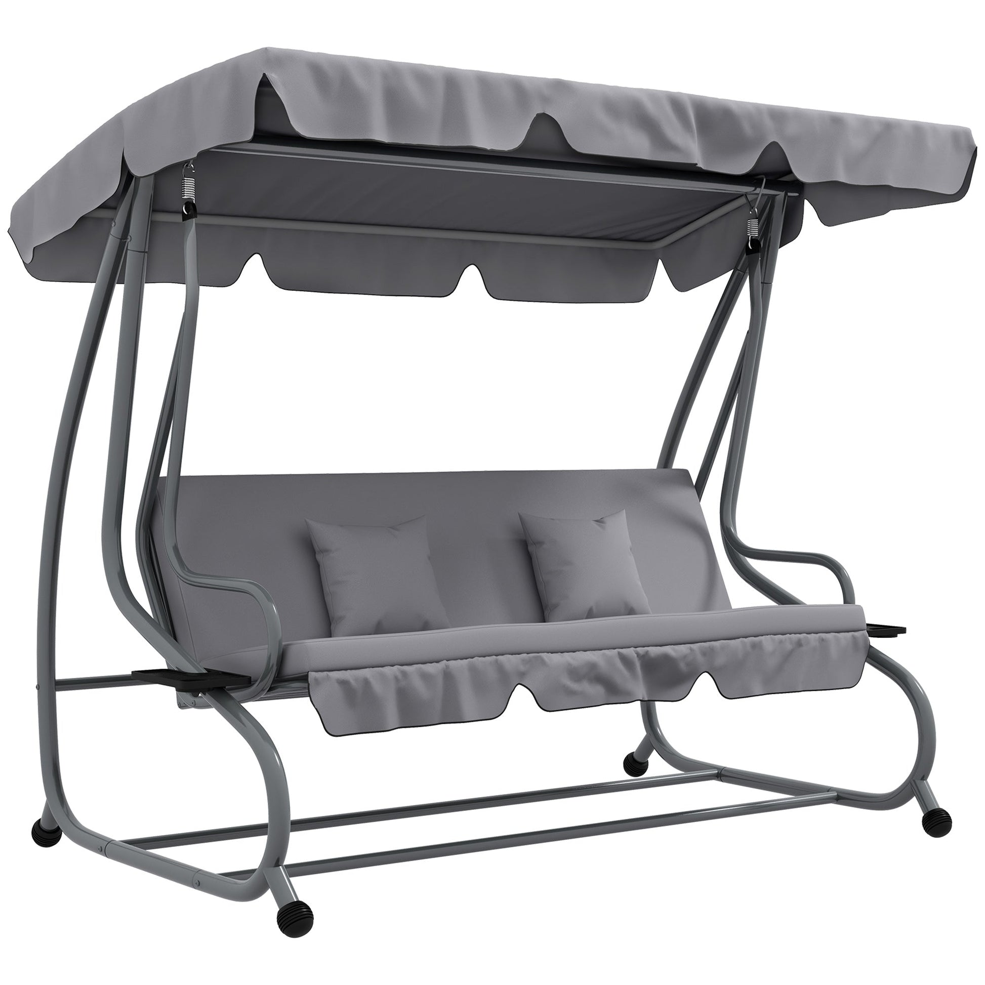 2-in-1 Garden Swing Seat Bed, 3 Seater Convertible Swing Chair Bench with Tilting Canopy, Cushioned Seat and 2 Pillows for Patio, Garden, Light Grey