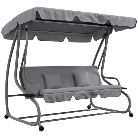 2-in-1 Garden Swing Seat Bed, 3 Seater Convertible Swing Chair Bench with Tilting Canopy, Cushioned Seat and 2 Pillows for Patio, Garden, Light Grey