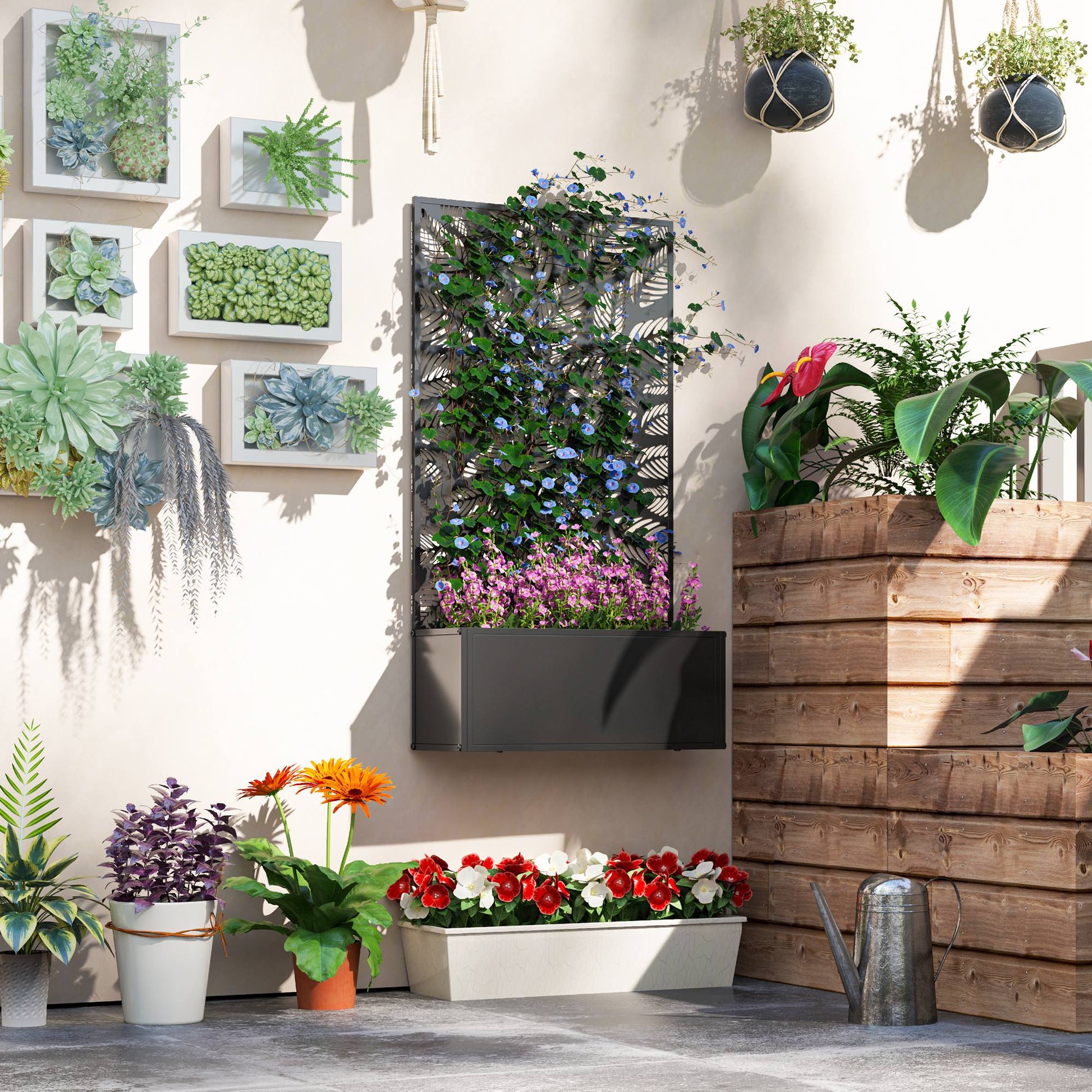 Metal Garden Bed with Trellis, Wall Mounted or Freestanding Raised Planter with Privacy Panel, Leaf Cut-out Privacy Screen with Planter Box for Climbing Plants, Flowers, Vegetables