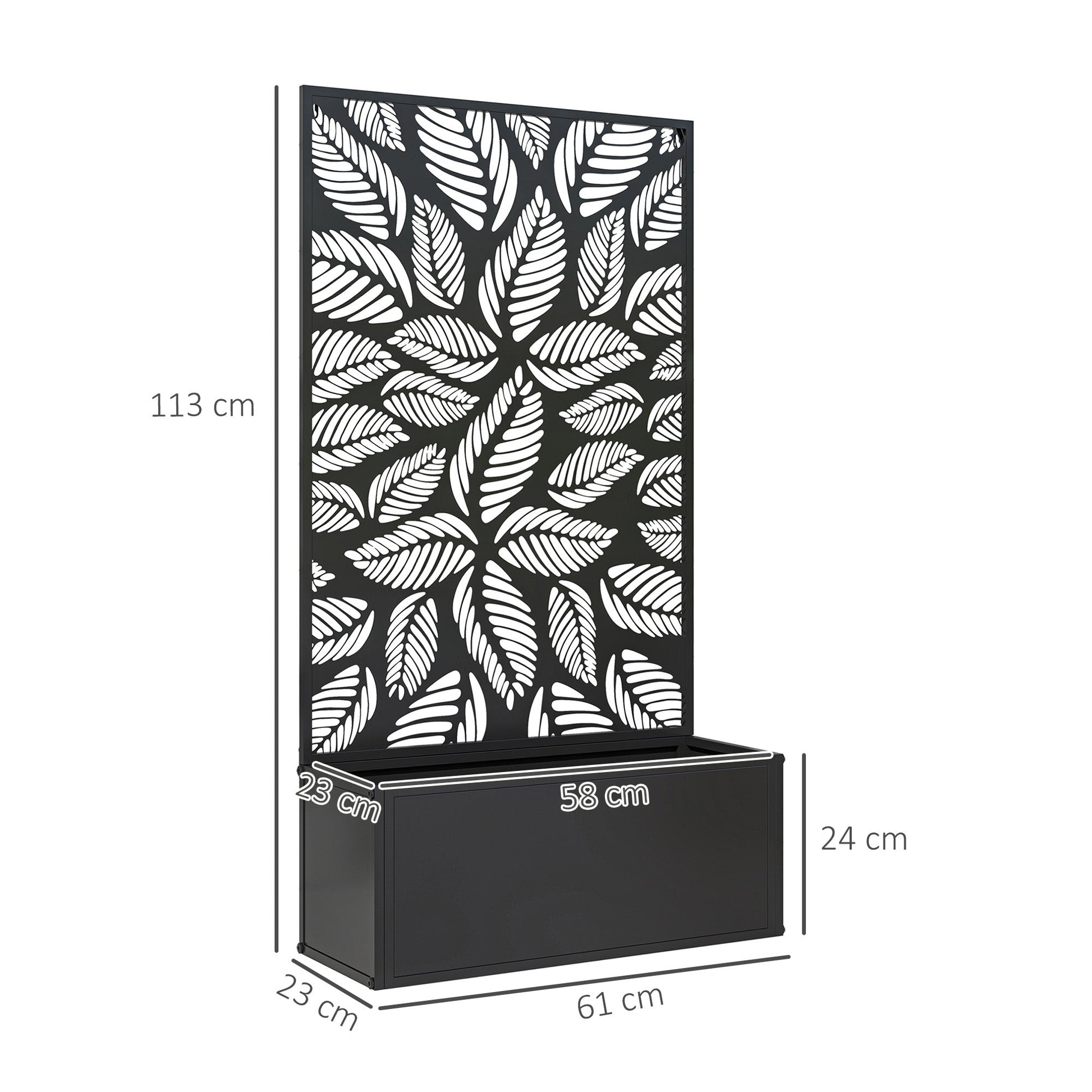 Metal Garden Bed with Trellis, Wall Mounted or Freestanding Raised Planter with Privacy Panel, Leaf Cut-out Privacy Screen with Planter Box for Climbing Plants, Flowers, Vegetables
