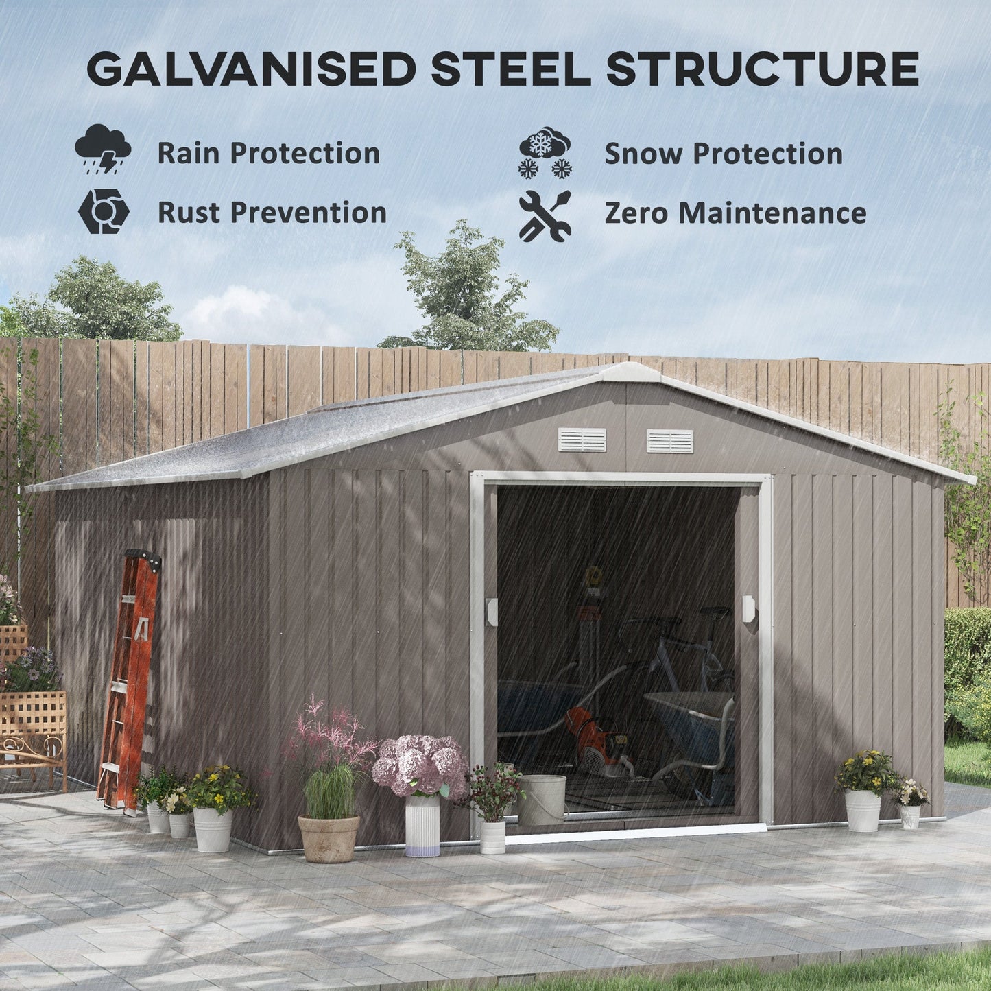 13 x 11ft Metal Garden Shed, Outdoor Storage Tool House with Ventilation Slots, Foundation Kit and Lockable Double Doors, Light Grey