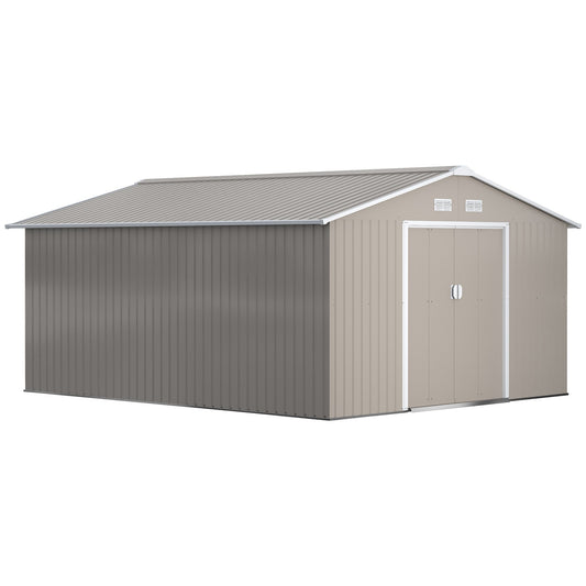 13 x 11ft Metal Garden Shed, Outdoor Storage Tool House with Ventilation Slots, Foundation Kit and Lockable Double Doors, Light Grey