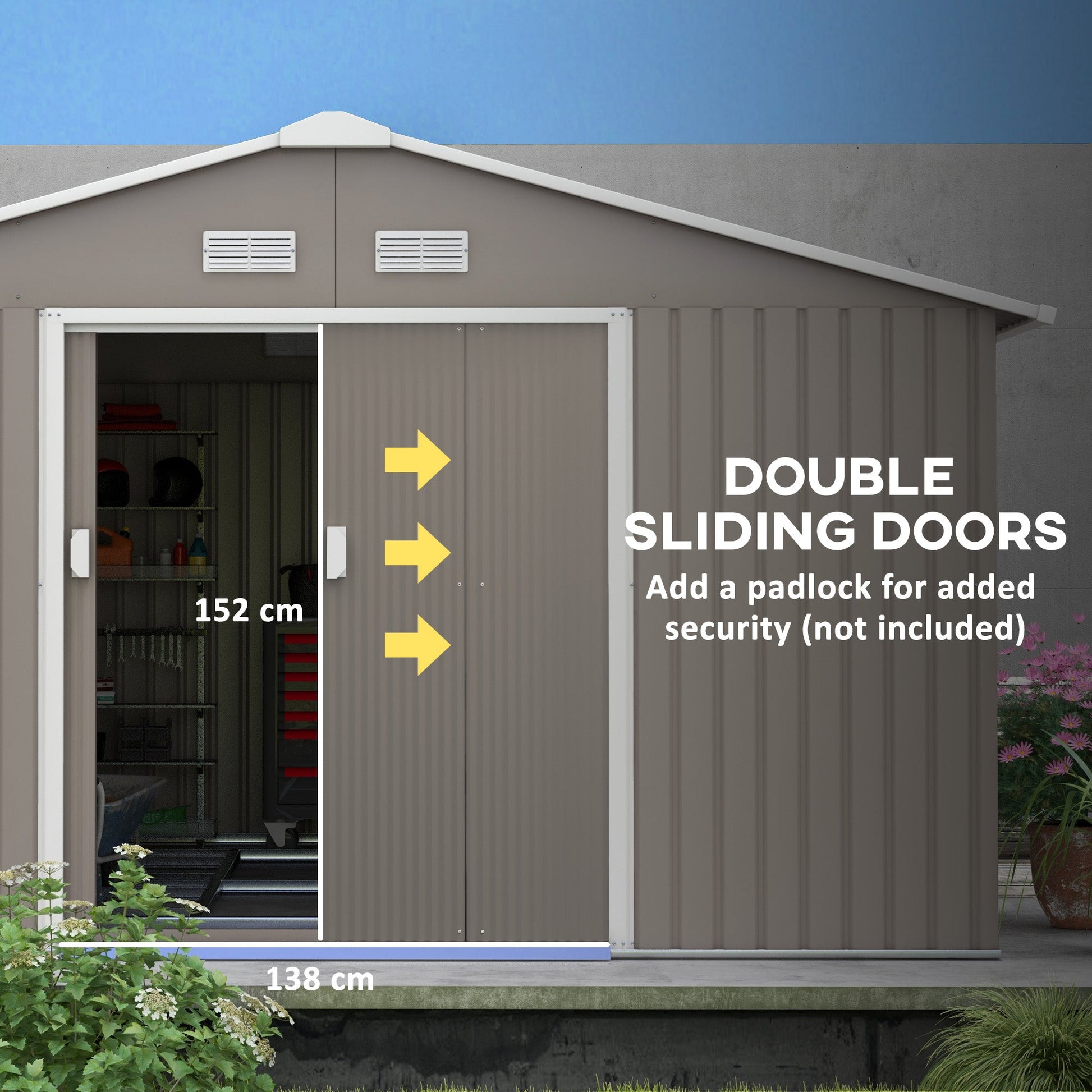 13 x 11ft Metal Garden Shed, Outdoor Storage Tool House with Ventilation Slots, Foundation Kit and Lockable Double Doors, Light Grey