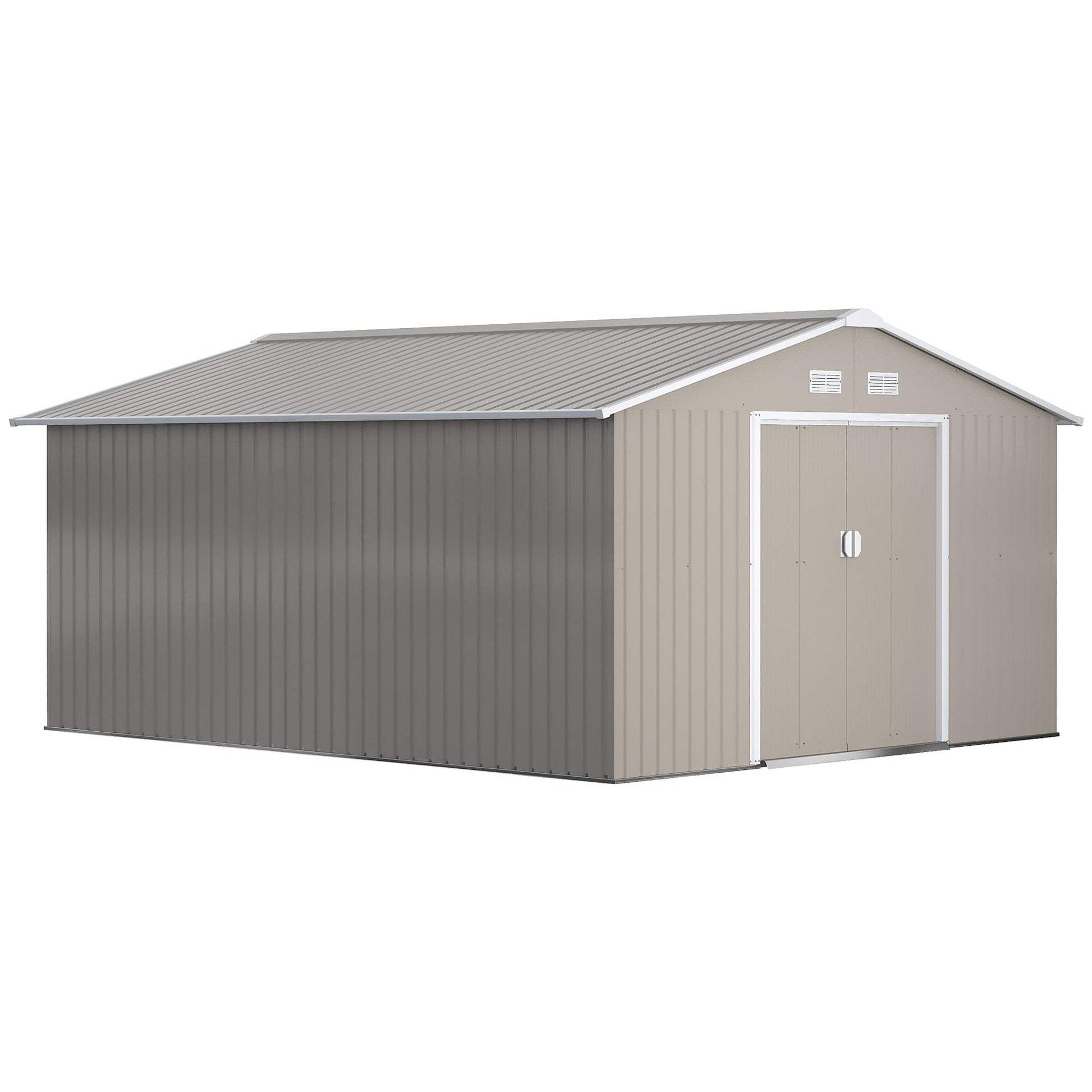 13 x 11ft Metal Garden Shed, Outdoor Storage Tool House with Ventilation Slots, Foundation Kit and Lockable Double Doors, Light Grey