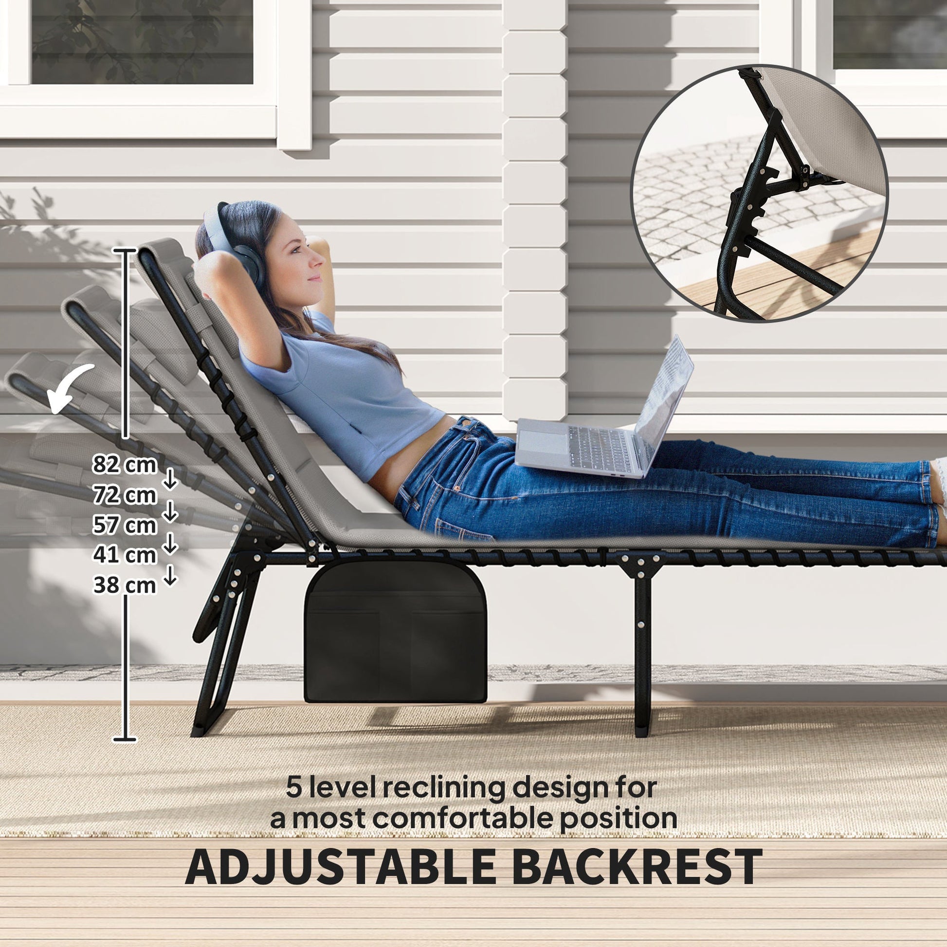 Folding Sun Loungers Set of 2, Recliner Garden Chairs with Quick Drying Pad Headrest Side Pocket, Garden Sun Loungers for Beach Pool, Light Grey