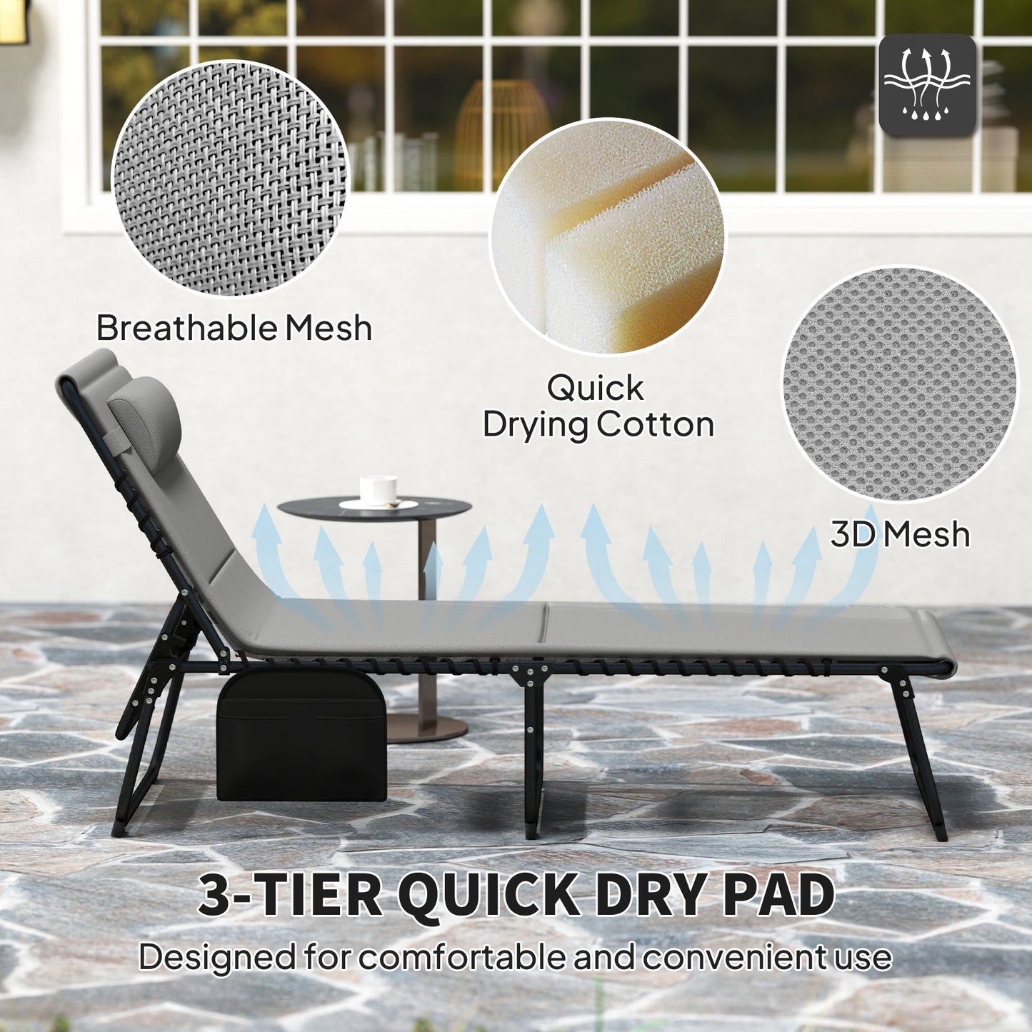 Folding Sun Loungers Set of 2, Recliner Garden Chairs with Quick Drying Pad Headrest Side Pocket, Garden Sun Loungers for Beach Pool, Light Grey