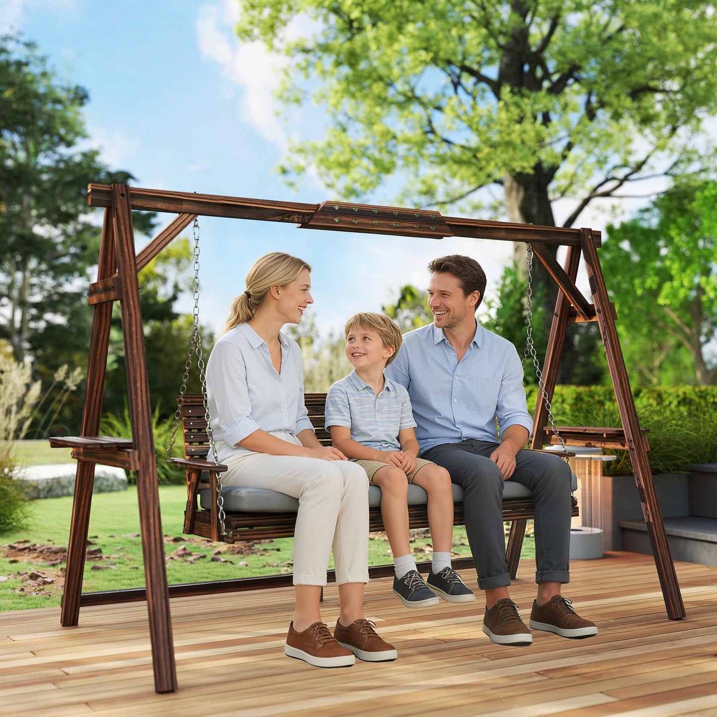 3 Seater Garden Swing Seat, Wooden Swing Chair Bench with Cushion, Side Trays and Metal Chains, for Outdoor Porch Patio, Carbonised Brown