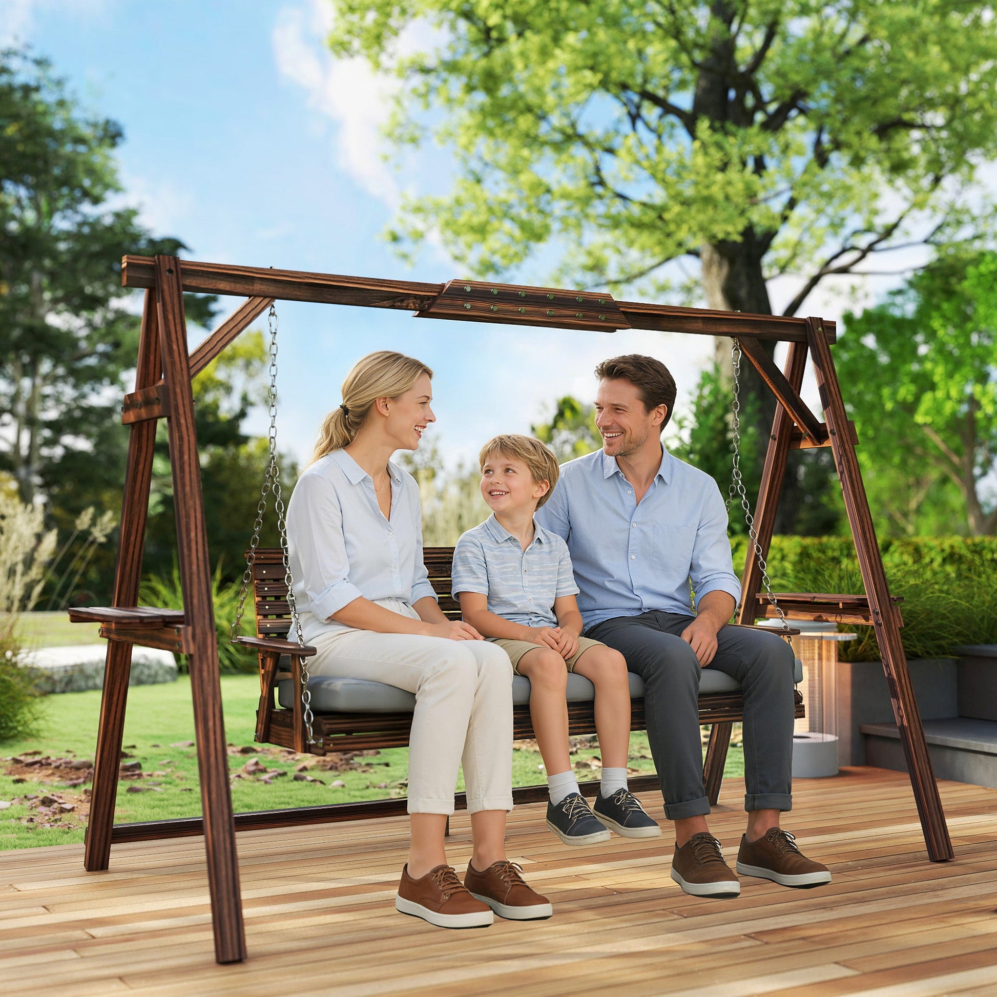 3 Seater Garden Swing Seat, Wooden Swing Chair Bench with Cushion, Side Trays and Metal Chains, for Outdoor Porch Patio, Carbonised Brown