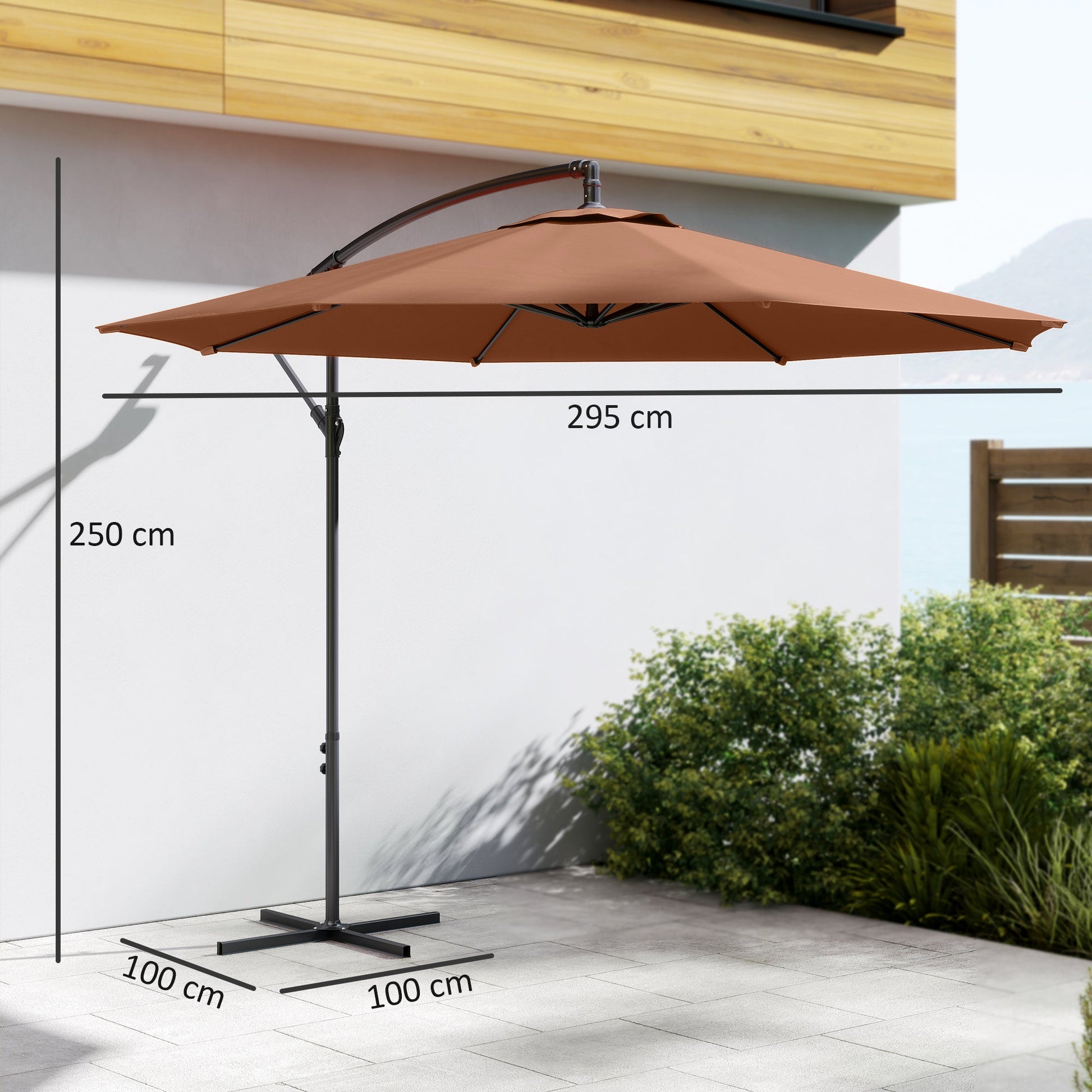 3(m) Garden Banana Parasol Hanging Cantilever Umbrella with Crank Handle, 8 Ribs and Cross Base for Outdoor, Sun Shade, Coffee