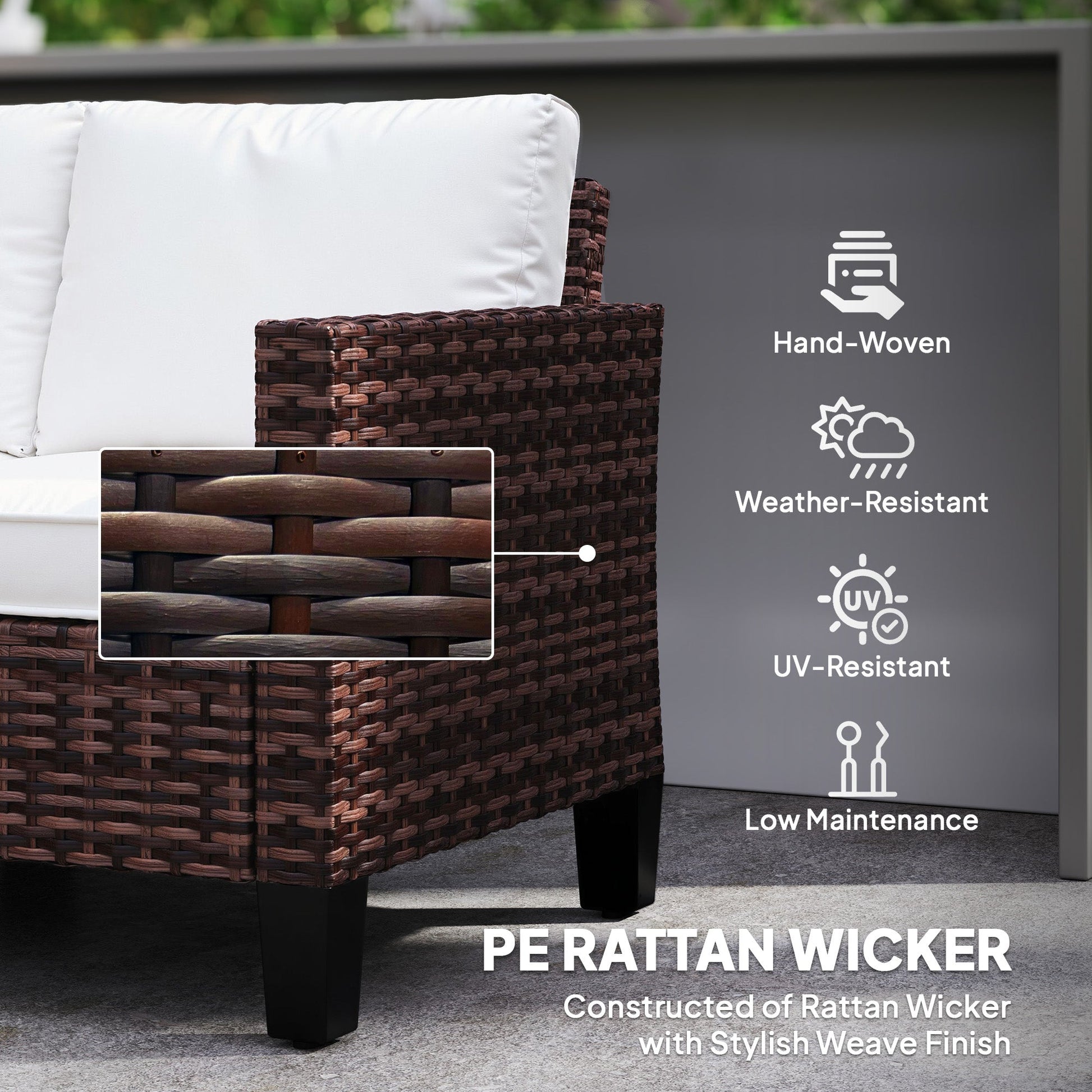 2 Seater Rattan Sofa with Cushions, Wicker Garden Loveseat with Armrests, Outdoor Garden Sofa Couch with Steel Frame for Balcony, Porch, Brown
