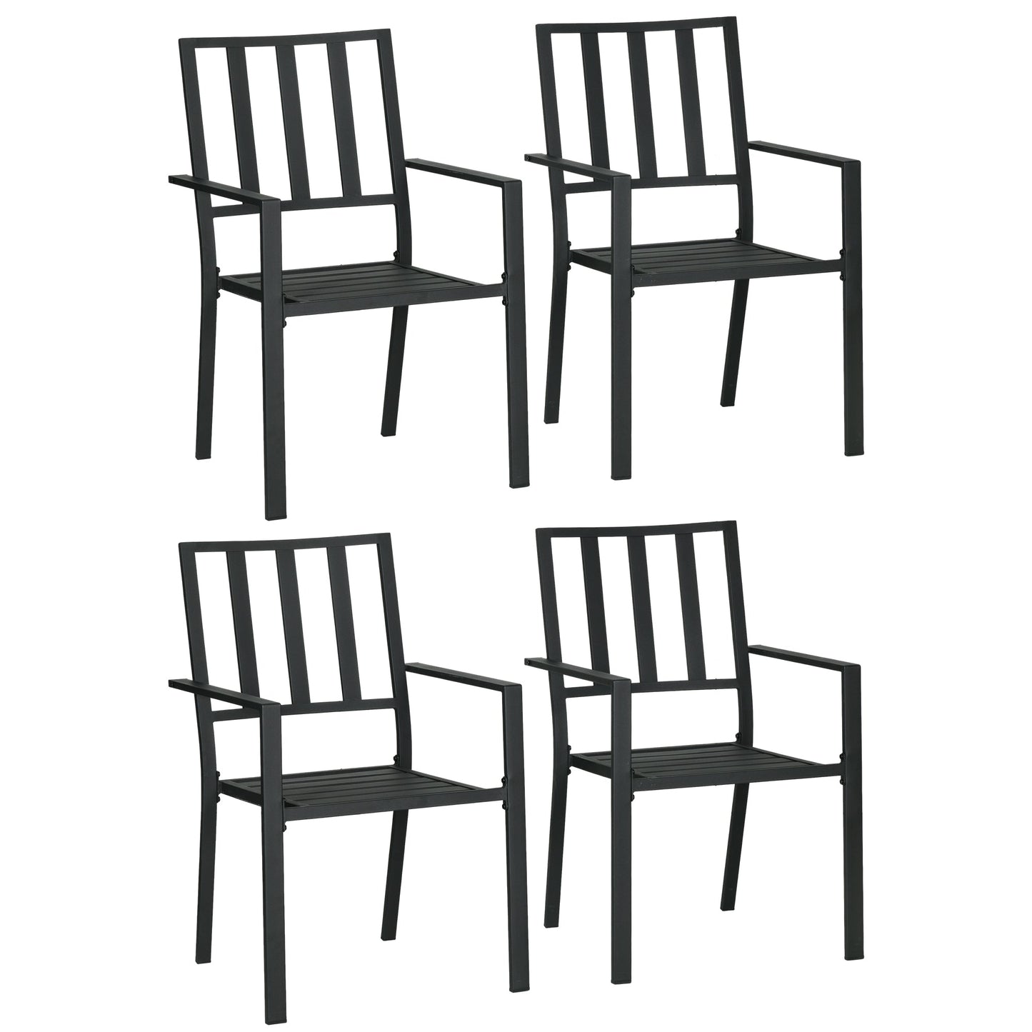 Set of 4 Garden Chairs, Stackable Outdoor Chairs with Metal Slatted Seat & Backrest, for Yard, Garden, Black